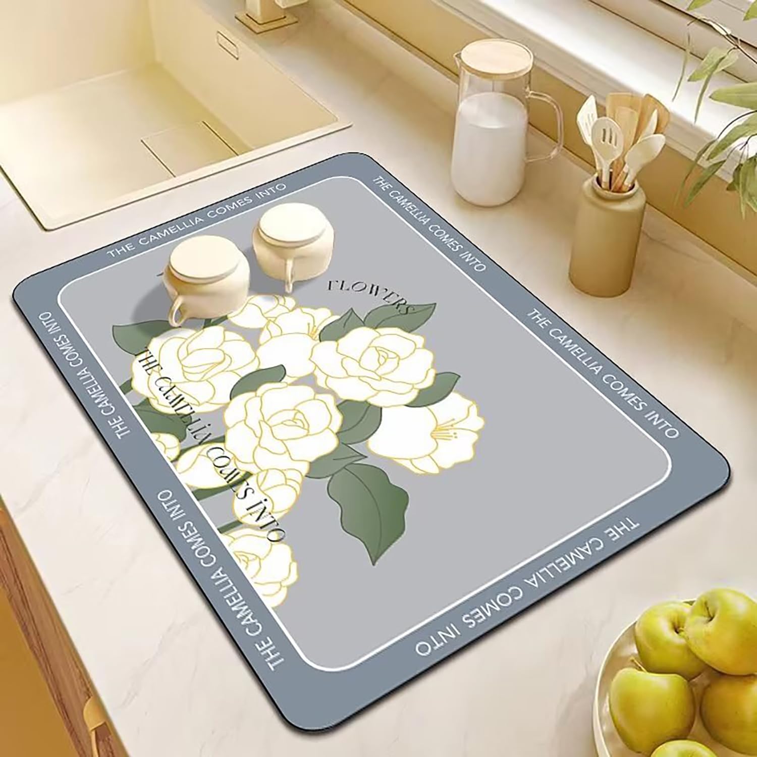 Cute Dish Drying Mat - Blue Flower Kitchen Mat -12