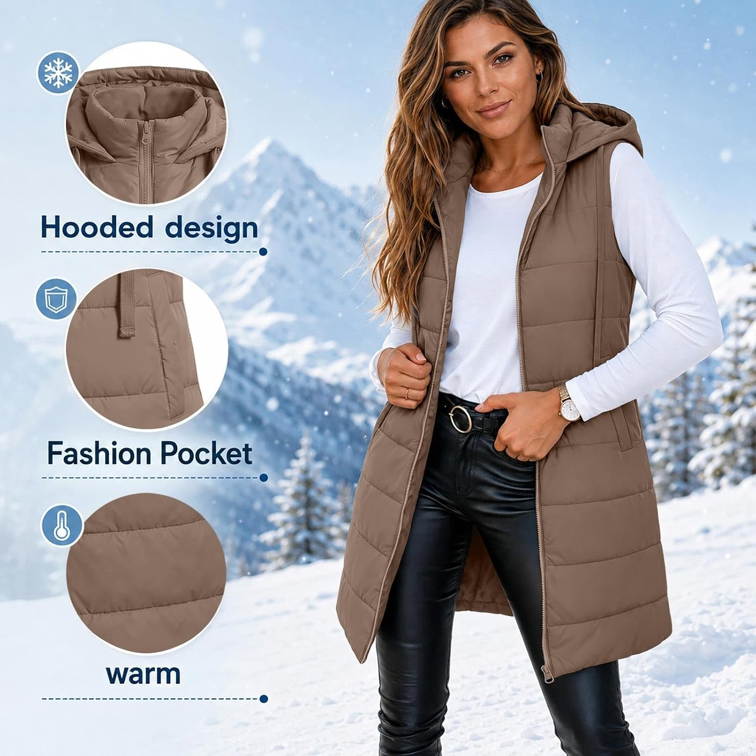 Women's Puffer Vest Hooded Zip Up Front Casual Long Quilted Gilet
