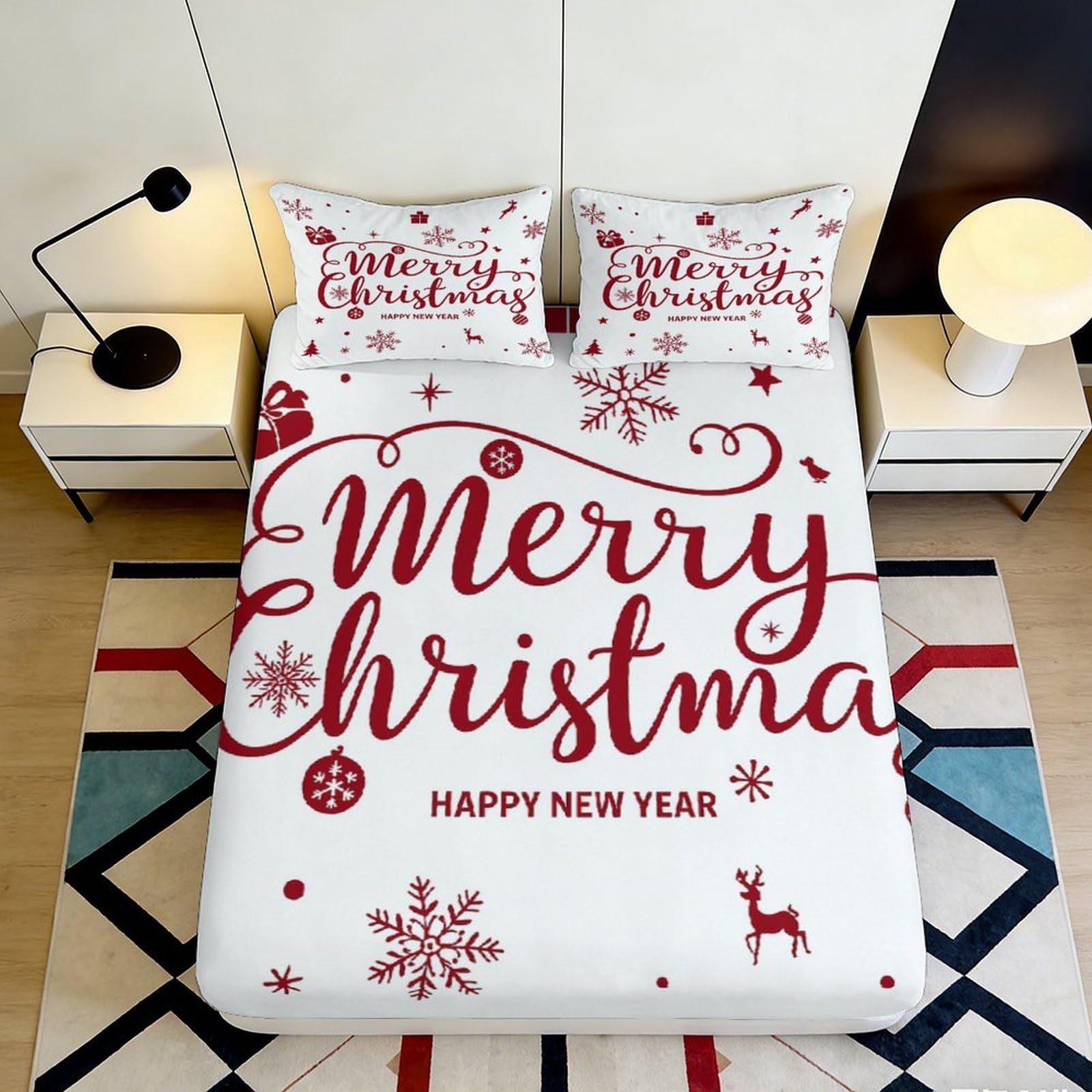 3D Printed Merry Christmas Fitted Sheet Microfiber Red Snowflake Bed Cover for Bedroom Guest Room Holiday Decor 200x200x25cm