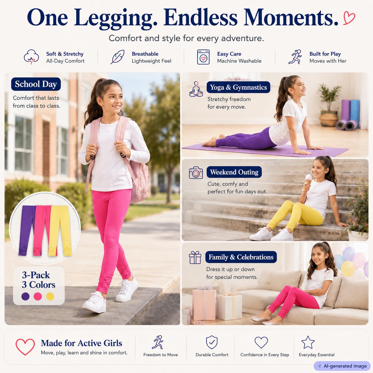 Bienzoe Dziewczęta Szkoła Yoga Legginsy: Dzieci Bawełna Stretch Taniec Rajstopy 3Szt Pack