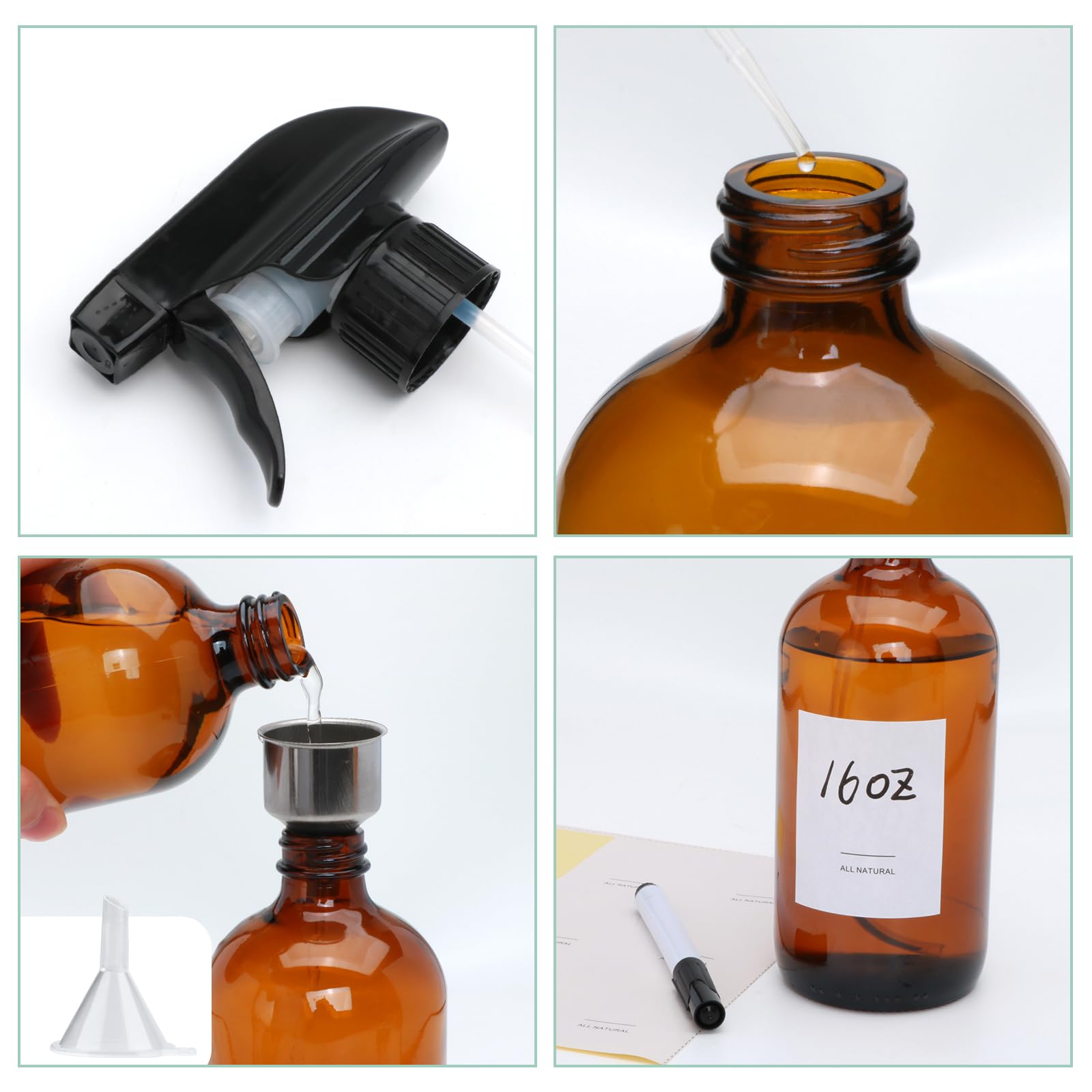 Maredash 16oz Amber Glass Spray Bottles, 12-Pack with Accessories