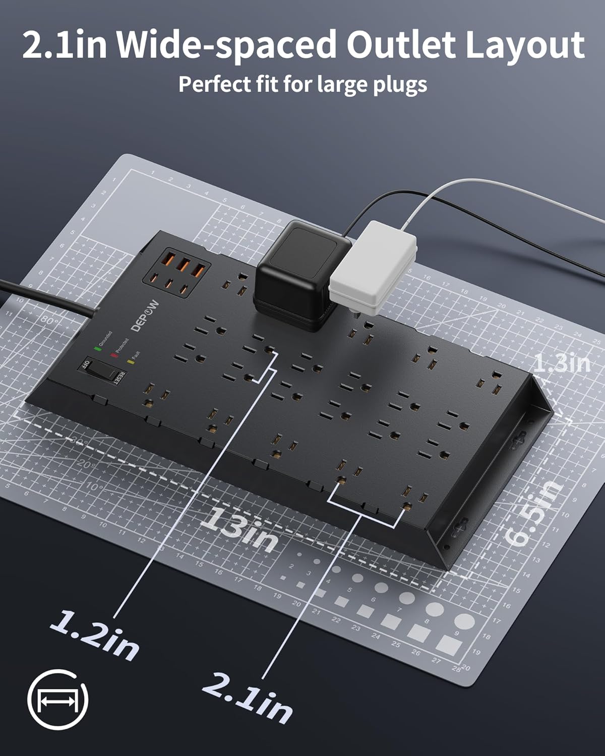 DEPOW Surge Protector Power Strip highlighting its wide-spaced AC outlets