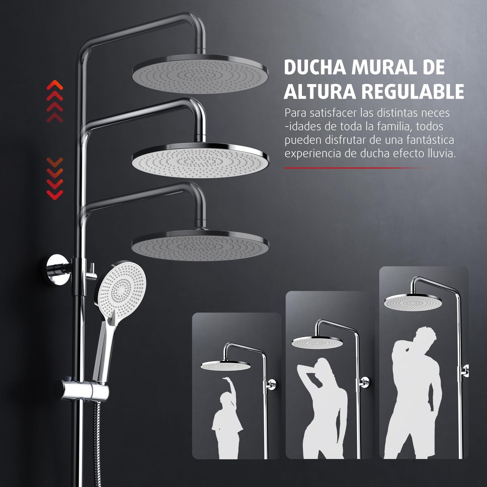 Rainsworth Sistema de ducha con grifería cromada, ducha de lluvia con grifo de latón, ducha de lluvia de 25 cm, 3 tipos de chorro, juego completo de ducha