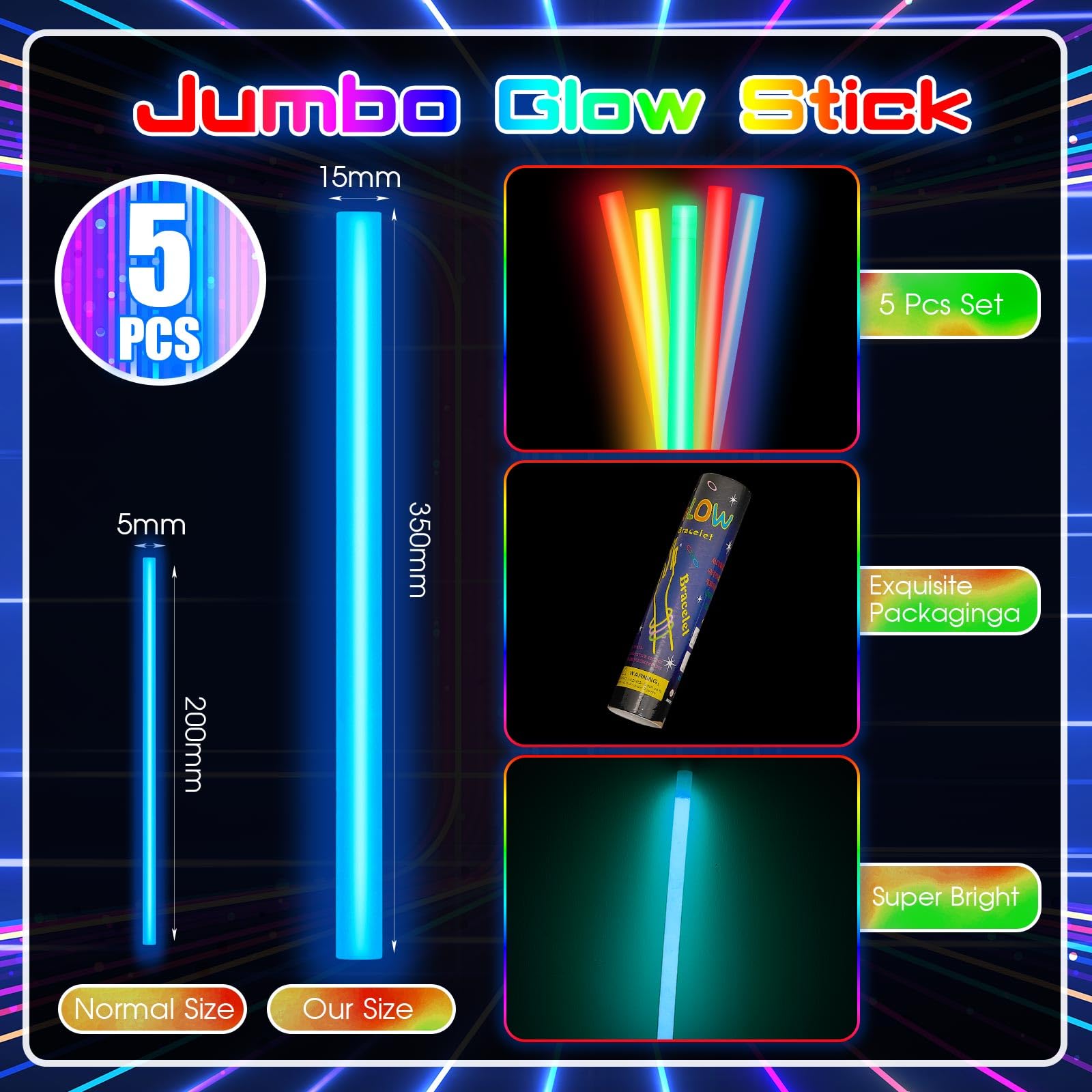 Lewtemi 5 Pcs Large Glow Sticks, 14 Inch Jumbo Light up Sticks Holiday Colorful Sticks Emergency Glow in The Dark Party Supplies for Camping, Halloween, New Year (Red, Orange, Yellow, Green, Blue)