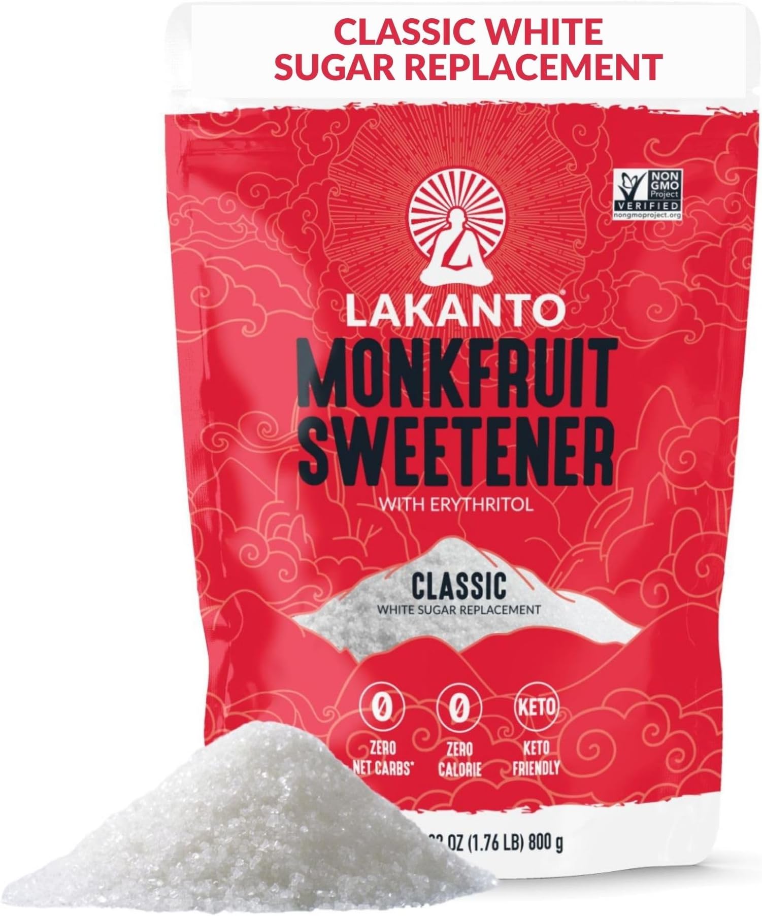 Lakanto Monk Fruit Sweetener with Erythritol, White Sugar Substitute, Monkfruit Extract, Classic White Sugar Replacement for Coffee, Tea, Baking, Gluten Free, Low Carb, Non GMO, Keto, 1.76 Lb