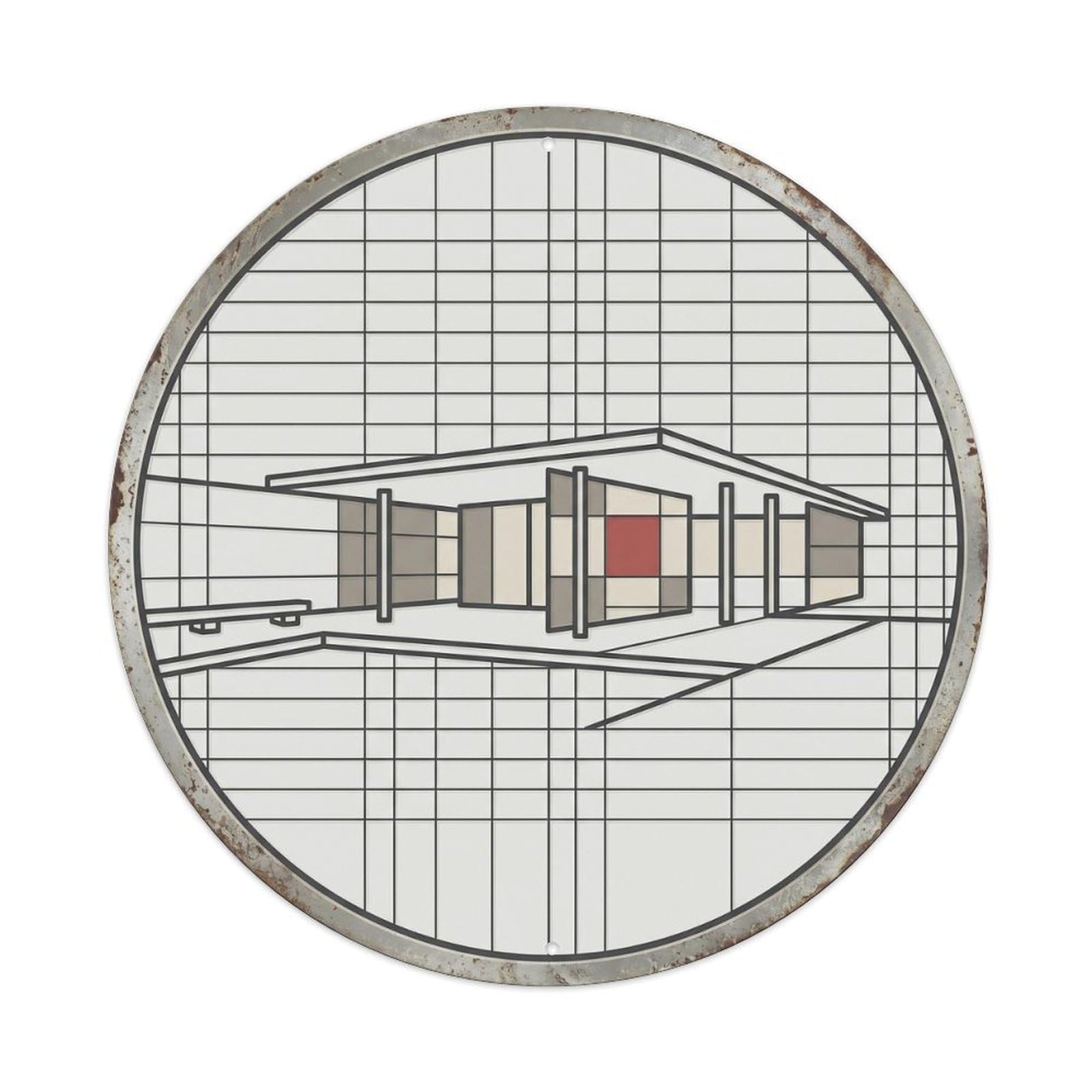 Barcelona Minimal Pavilion Travel Vintage Metal Tin Sign Plaque Wall Decor for Cafe, Club, Garden Round Metal Poster 8x8Inch