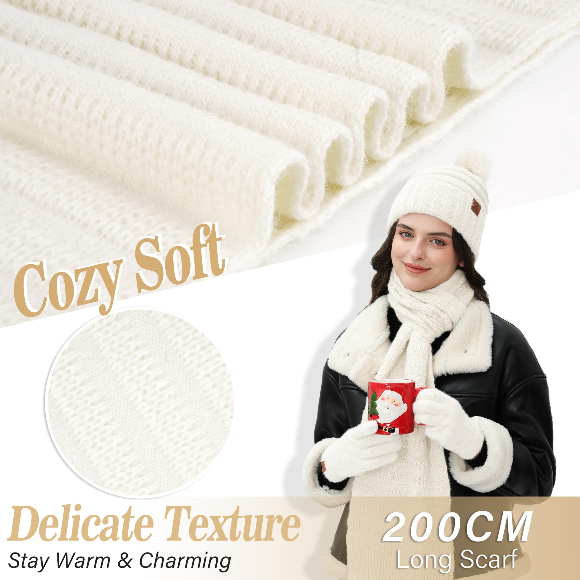 Zimowa damska czapka, szalik, rękawiczki z podszewką polarową, ciepła czapka zimowa, czapka z dzianiny, czapka beanie z pomponem, rękawiczki zimowe, długie szaliki, dla kobiet, prezent na Boże