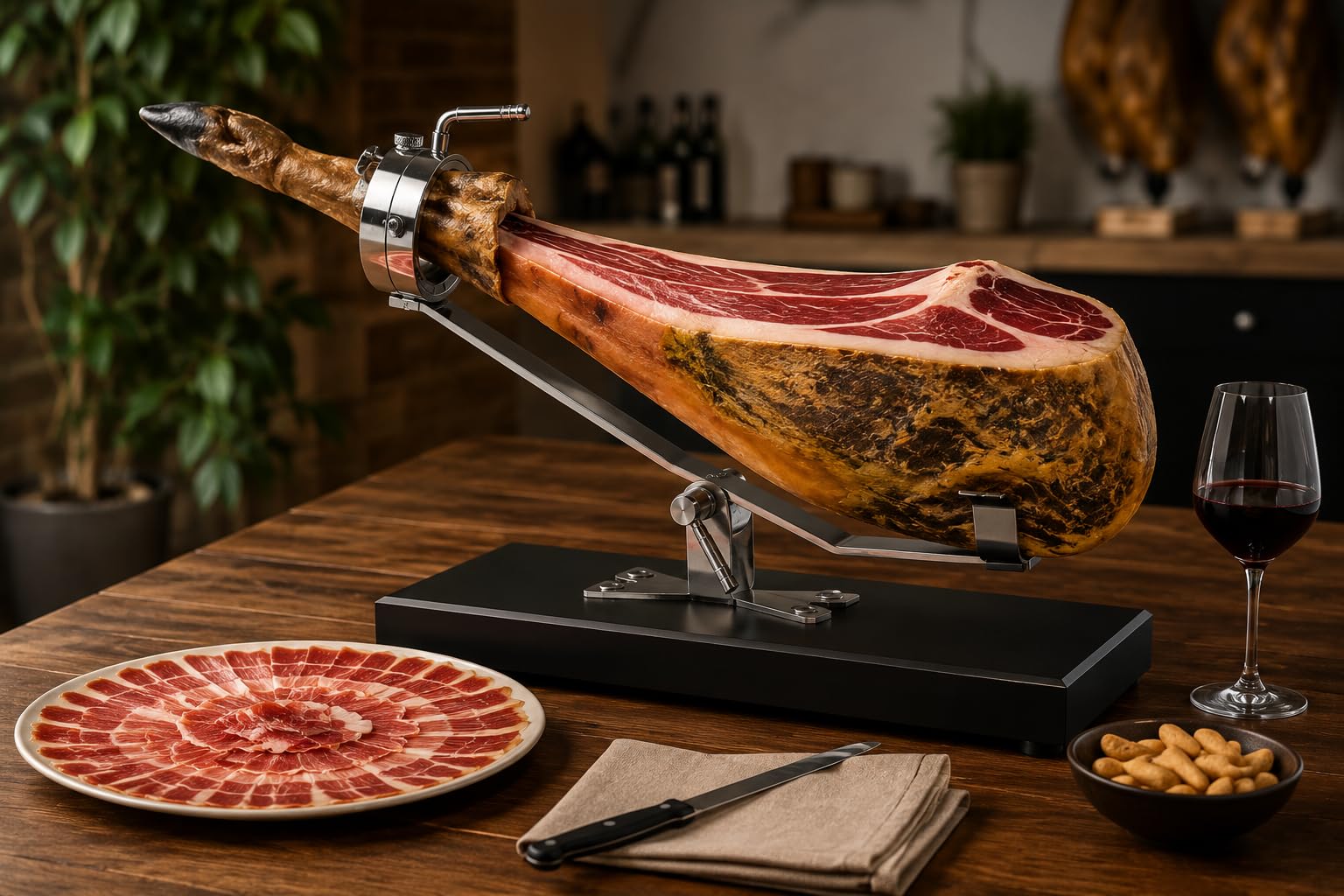 FERRETERIA LEPANTO Jamonero Basculante Giratorio, Future Soporte jamonero con Base Madera Color Negro para Jamones y Paletillas.