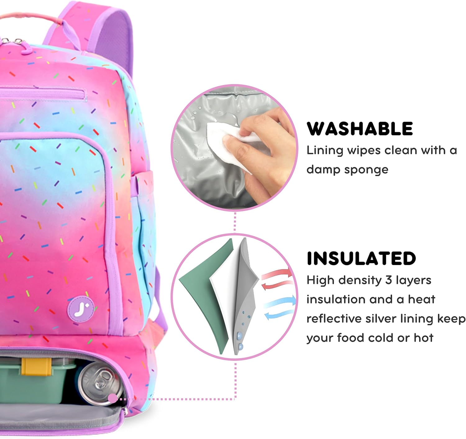 J World New York 2-in-1 Insulated Backpack Lunch Box for Kids. Adult School Bookbag, Confetti - Image 4