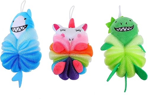 Kisangel 3 piezas de lufas de baño de animales para niños, lufas corporales, lufas de ducha de dibujos animados, lindas esponjas de baño, puf,