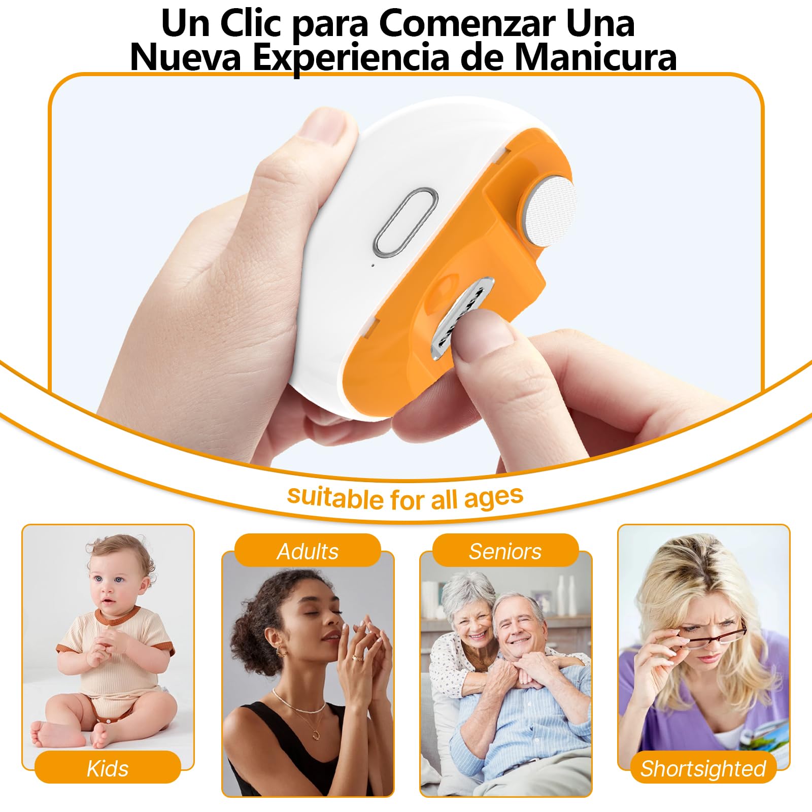 Cortauñas Eléctrico, 2 en 1 Cortauñas con Luz LED y almacenamiento de restos de uñas, 2 velocidades Cortaúñas Automático y Pulidor, Recargable Ruido bajo, para bebés, adultos y ancianos - Orange — view 7