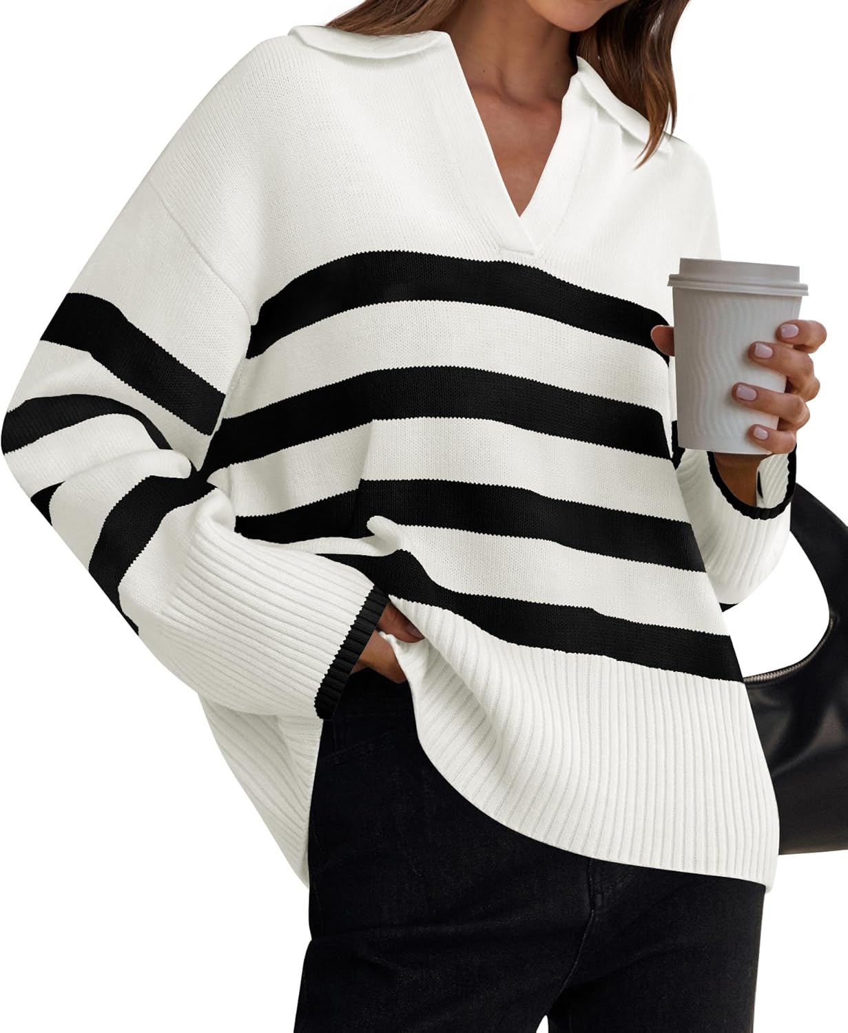 ZESICA Women’s Winter Sweaters Lapel V Neck Long Sleeve Striped Chunky Knit Oversized Pullover Sweater Jumper Tops
