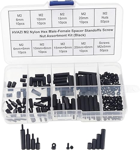 M2 Nylon Hex Macho-Hembra Separadores Separadores Tornillo Tuerca Surtido Kit (Negro)