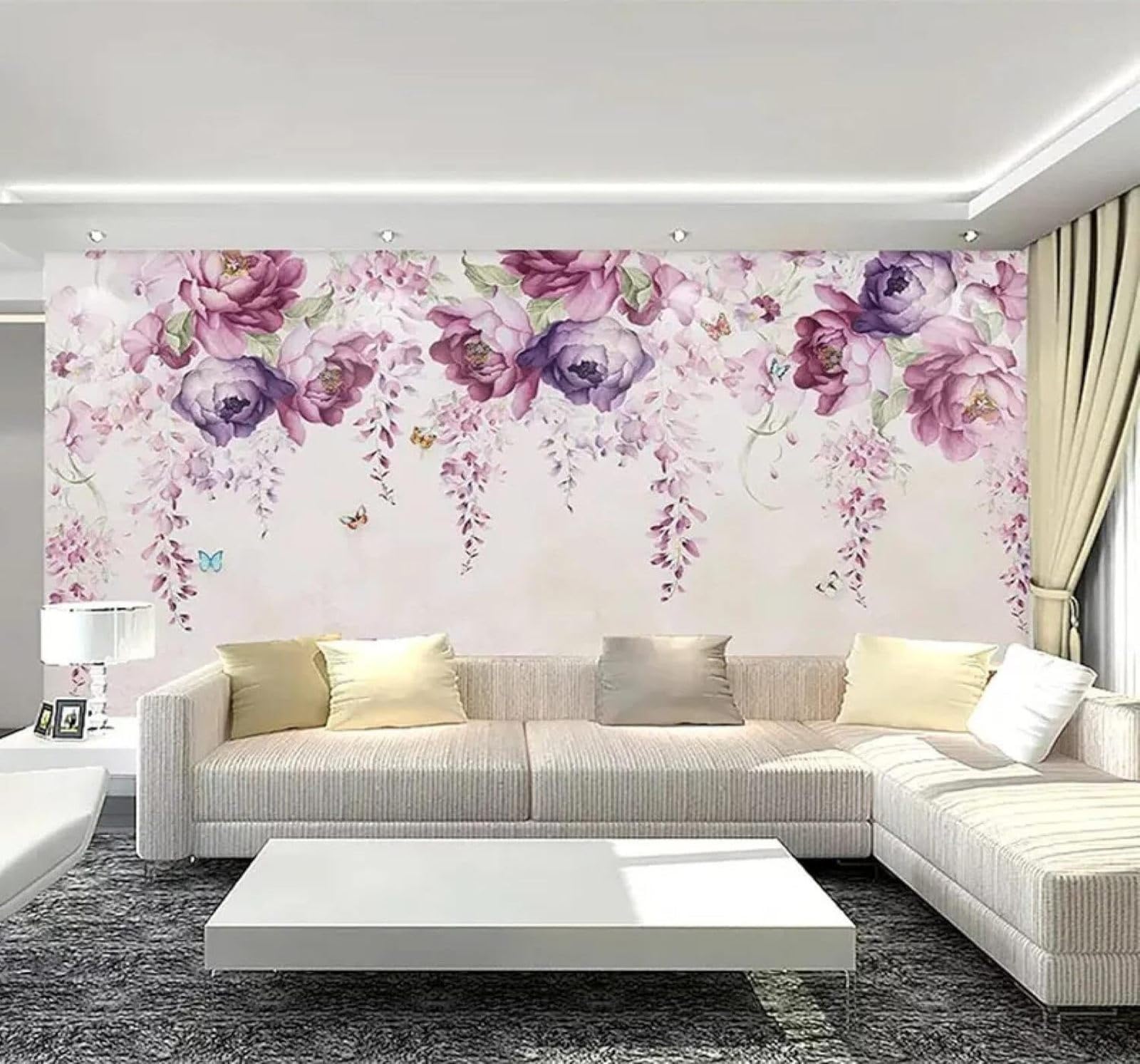 XLMING Hand Drawn Beautiful Violet Peony Butterfly 3D Wallpaper Luxury Silk Study Dining Feature Sofa Grey Bedroom Living Room Tv Decorative Wall-150cm×105cm