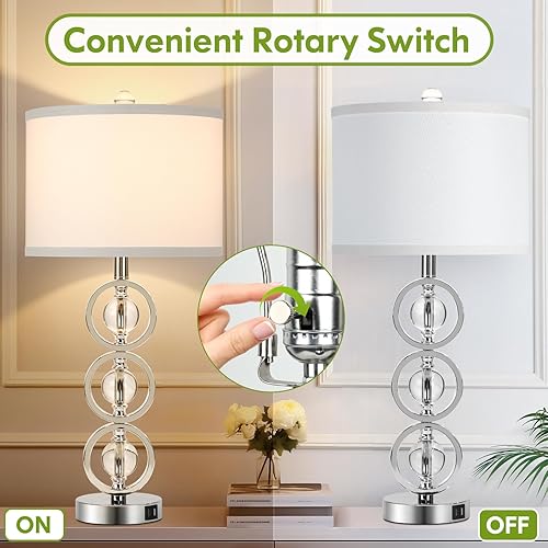 Miniatura 10 de Juego de 2 lámparas de mesa de granja con puertos USB 275 pulgadas de alto 2 luces de lectura lámpara de mesita de noche con pantalla de tela crema