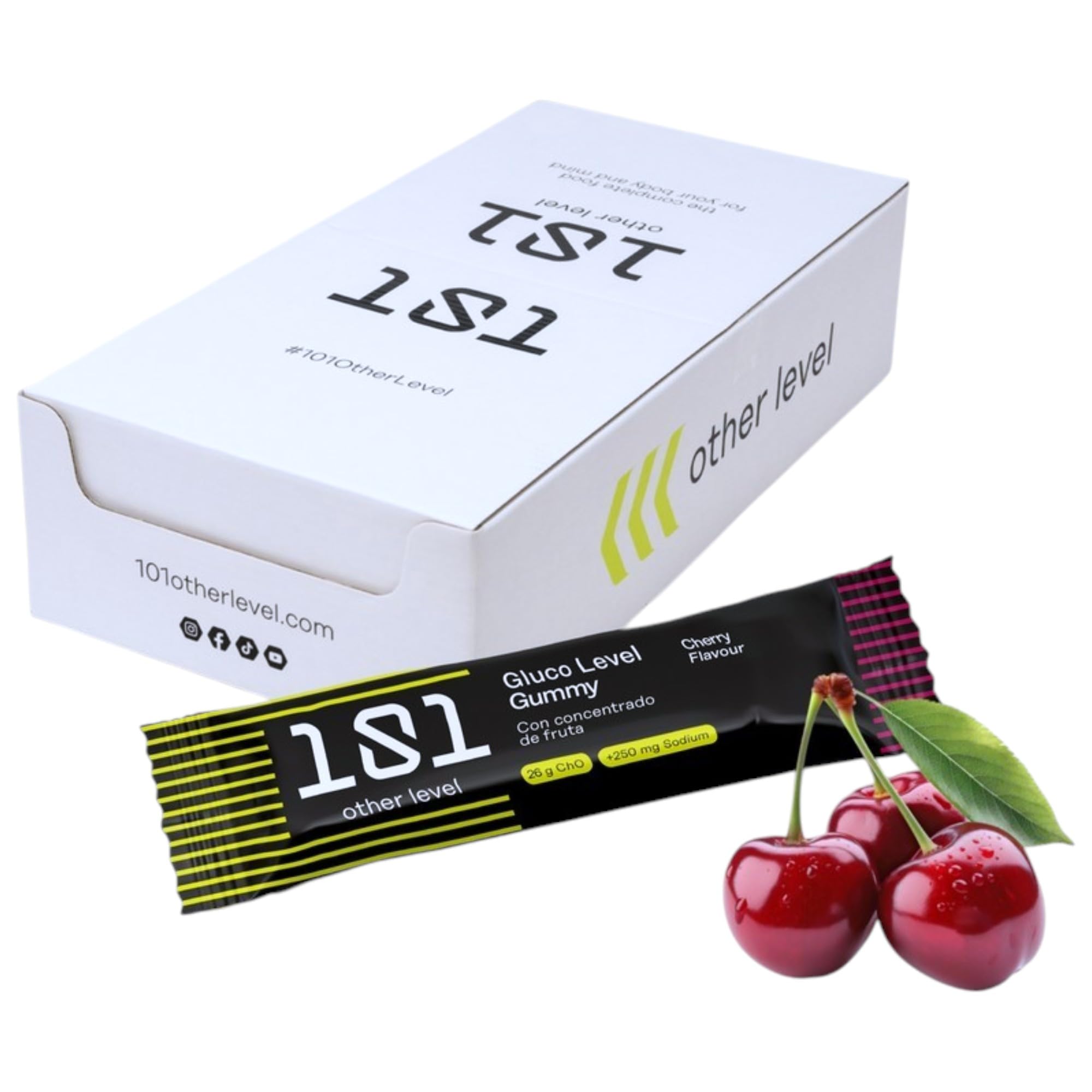 101 Other Level Barritas Energéticas Gummy Pack 30 Barritas de 40 gr - Sabor Cereza - Gominolas Deportivas de Carbohidratos para Ciclismo, Running y Trail - Energía Rápida y Fácil Digestión
