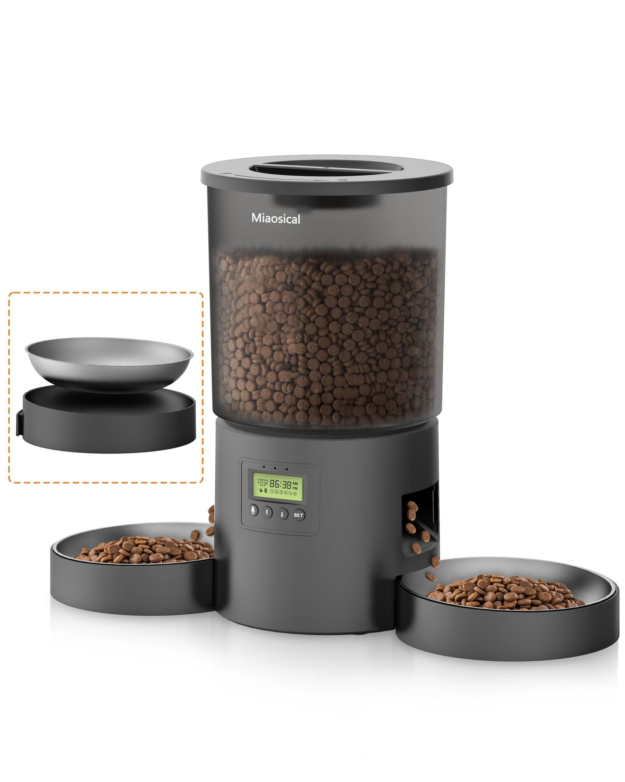 Miaosical Automatic Cat Feeder for 2 Cats, 4.2L Dual Food Dispenser, Up to 6 Meals/Day, Portion Control, Voice Message, Dual Power Options (Transparent+Black, Dual Stainless Steel Bowls)