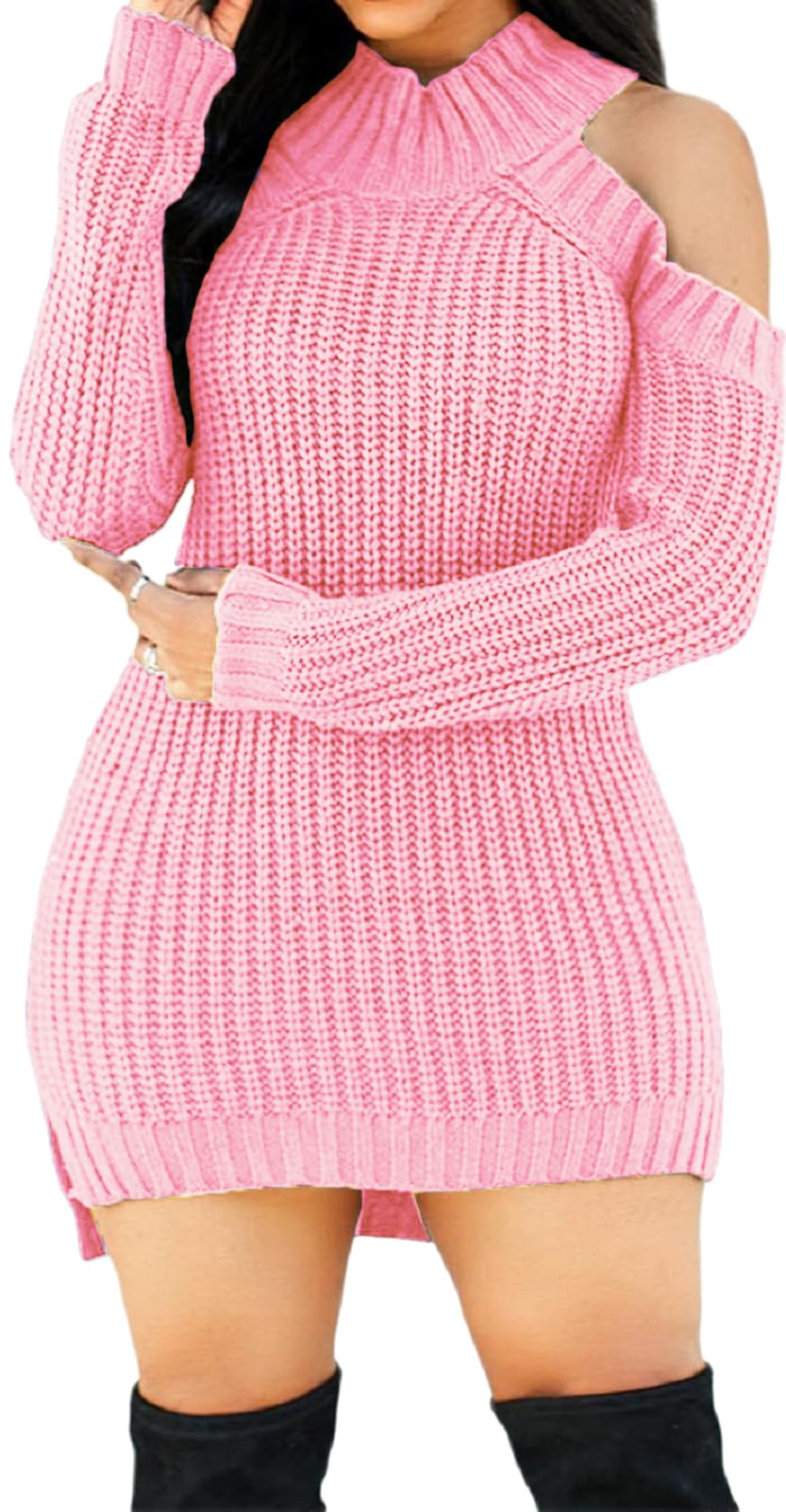 SxClub Women's Winter Sweater Dresses Sexy Cold Shoulder Pullover Dress
