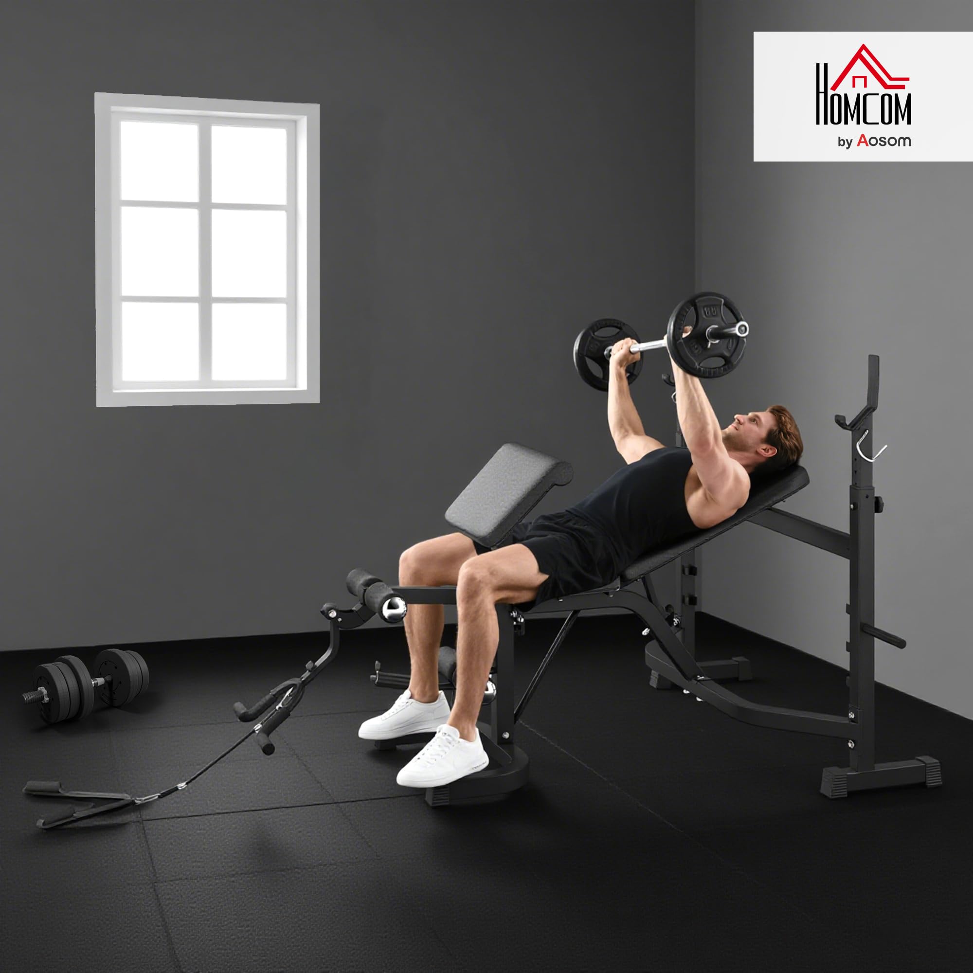 HOMCOM Panca Palestra Multifunzione Regolabile con Rack Bilanciere, Pad per Gomiti e Schienale, Panca Pesi Inclinabile Piana con Leg Extension, Low Row, Arm Curl, Addominali, Allenamento Palestra Casa