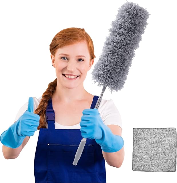 Zindoo Extendable Feather Duster, Long Telescopic Stainless Steel Pole with Microfiber Duster, Detachable Washable Duster with Bendable Head for Cleaning Cobweb, Ceiling Fan, Blinds, Cars, Furniture