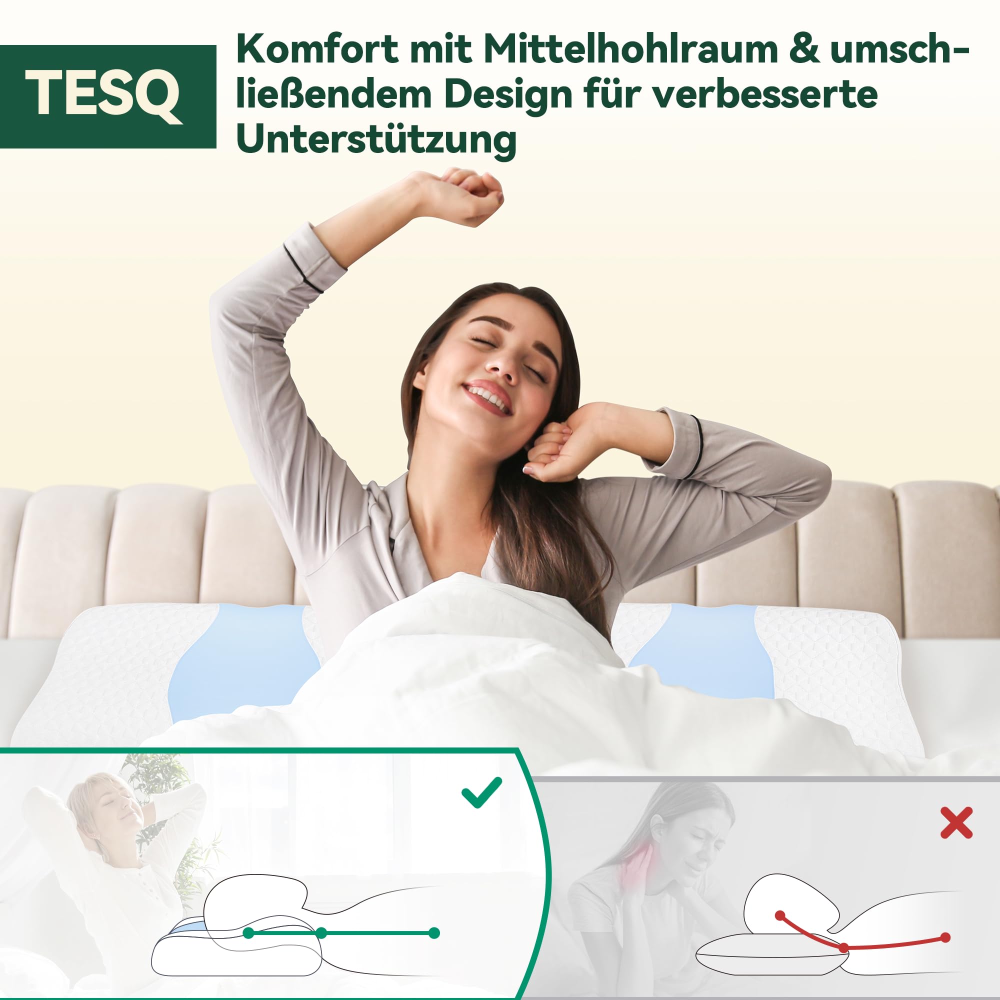 TESQ Cuscino in Memory Foam, Supporto Cuscino Cervicale Ergonomico, Testa e Spalle, Adatto per Dormire di Fianco, sulla Schiena o a Pancia in Giù, Federa Lavabile - Migliora il Comfort del Sonno