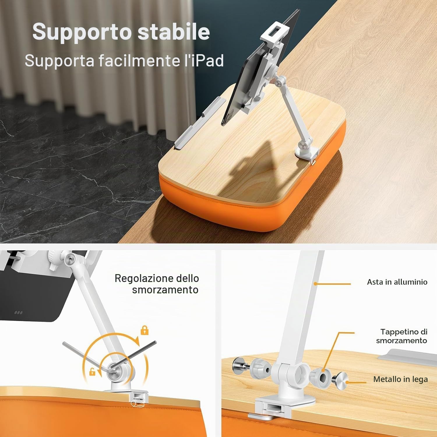 Supporto Cuscino Tablet, Porta Tablet con braccio regolabile, compatibile con iPad, Kindle, Cellulare (4,7-13"), scrivania per la lettura a mani libere a letto, sul divano (Arancione)