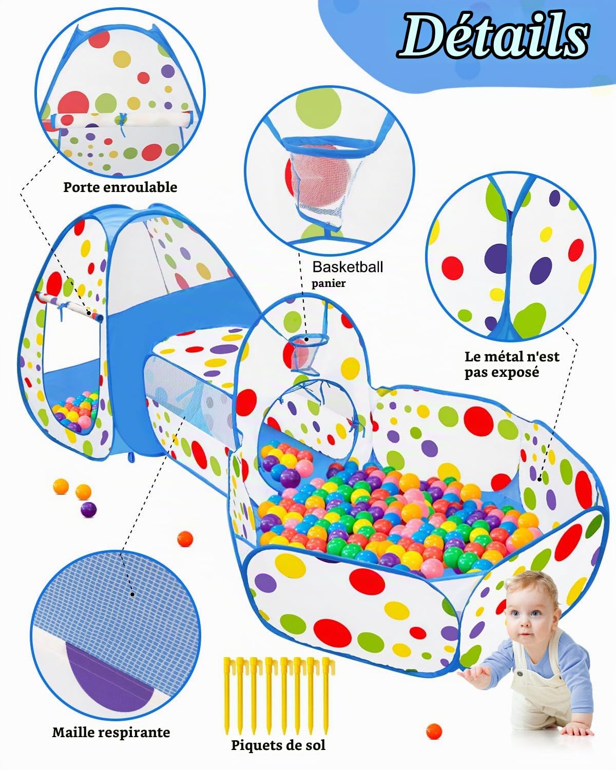 MAIKEHIGH Tente Tunnel Enfant, 3 en 1 Pop Up Piscine a Balle | Pliable Maison de Jeu Jeux pour Bébé Intérieur Extérieur Garçons Filles d'anniversaire Cadeaux