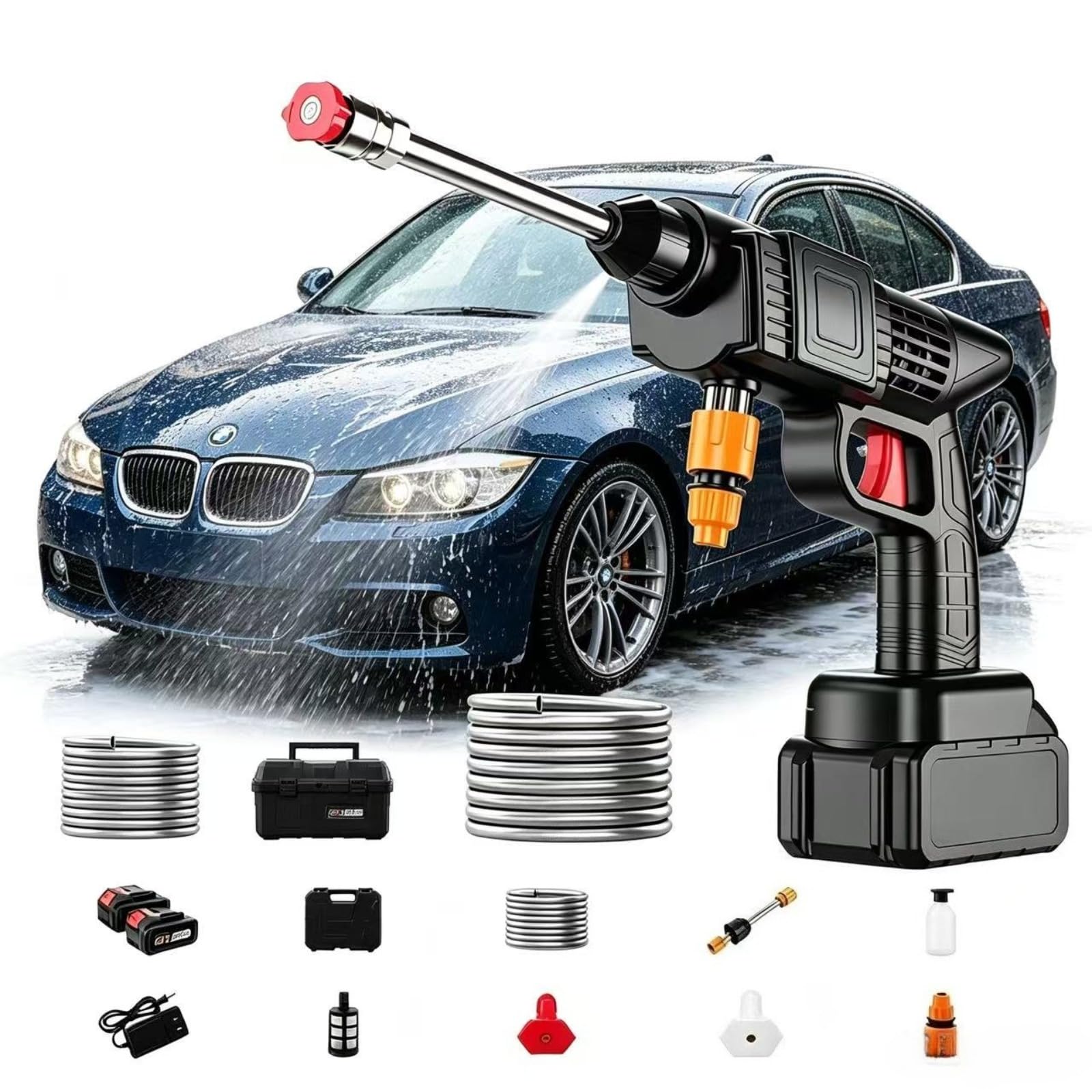 Cordless Pressure Washer, 21V Portable Power Jet Pro Cordless Washer with 2 Batteries & Rotating Nozzles - Hand Held for Car, Motorcycle, Window Cleaning & Garden