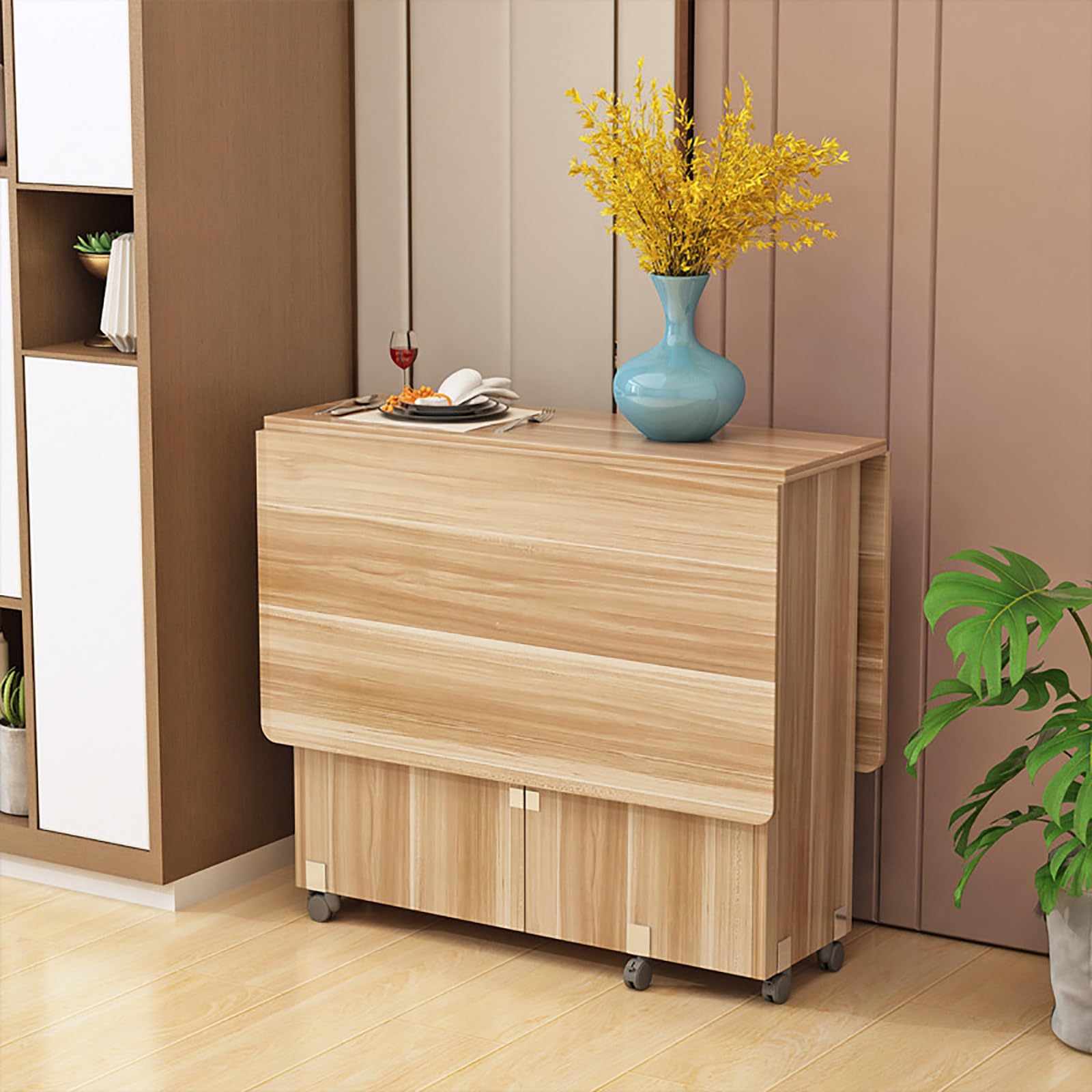 Tavolo Da Pranzo Pieghevole Allungabile Con Ruote – Design Salvaspazio, Legno Marrone, 70 Cm, Con Ripiani Integrati, Mobile, Per Cucina, Soggiorno, Appartamenti Piccoli