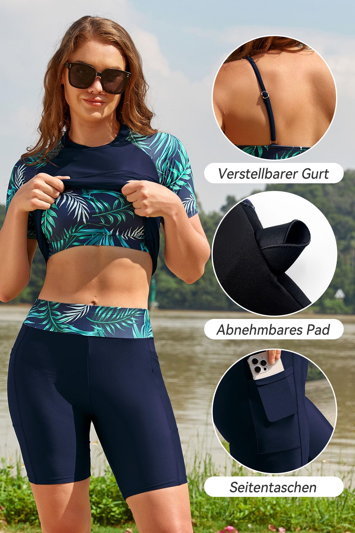 SHEKINI Costume da bagno da donna a maniche corte Rash Guard a vita alta, 3 pezzi