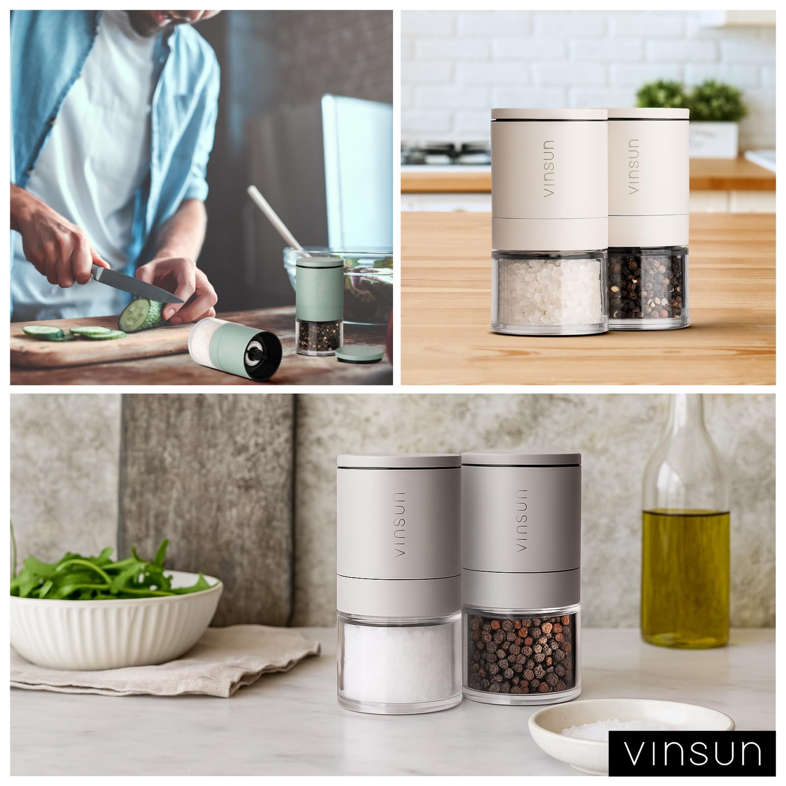 Vinsun Macina Sale e Pepe Manuale - Set di 2 Beige - Macinino Ceramica Regolabile, Acciaio Inox, Vetro Acrilico - Macina Spezie Piccolo ø51x100mm