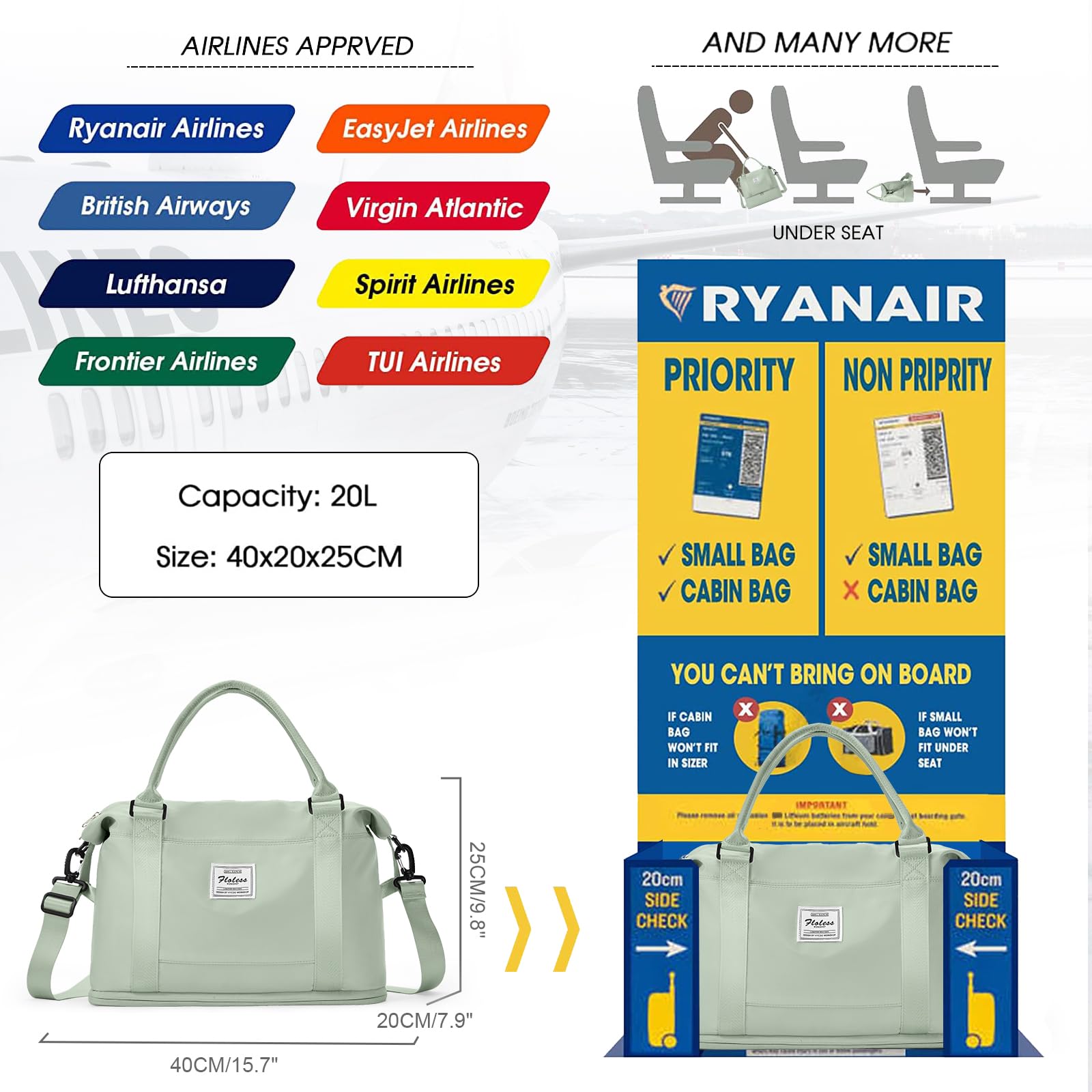 Borsone da Viaggio Donna, 40x20x25 Ryanair Bagaglio a Mano Borsa da Viaggio con Scomparto per le Scarpe, Borsa Sportiva Borsone da Palestra Grande, Borsa da Weekend,Borsa per Ospedale,F13-Bianco verde