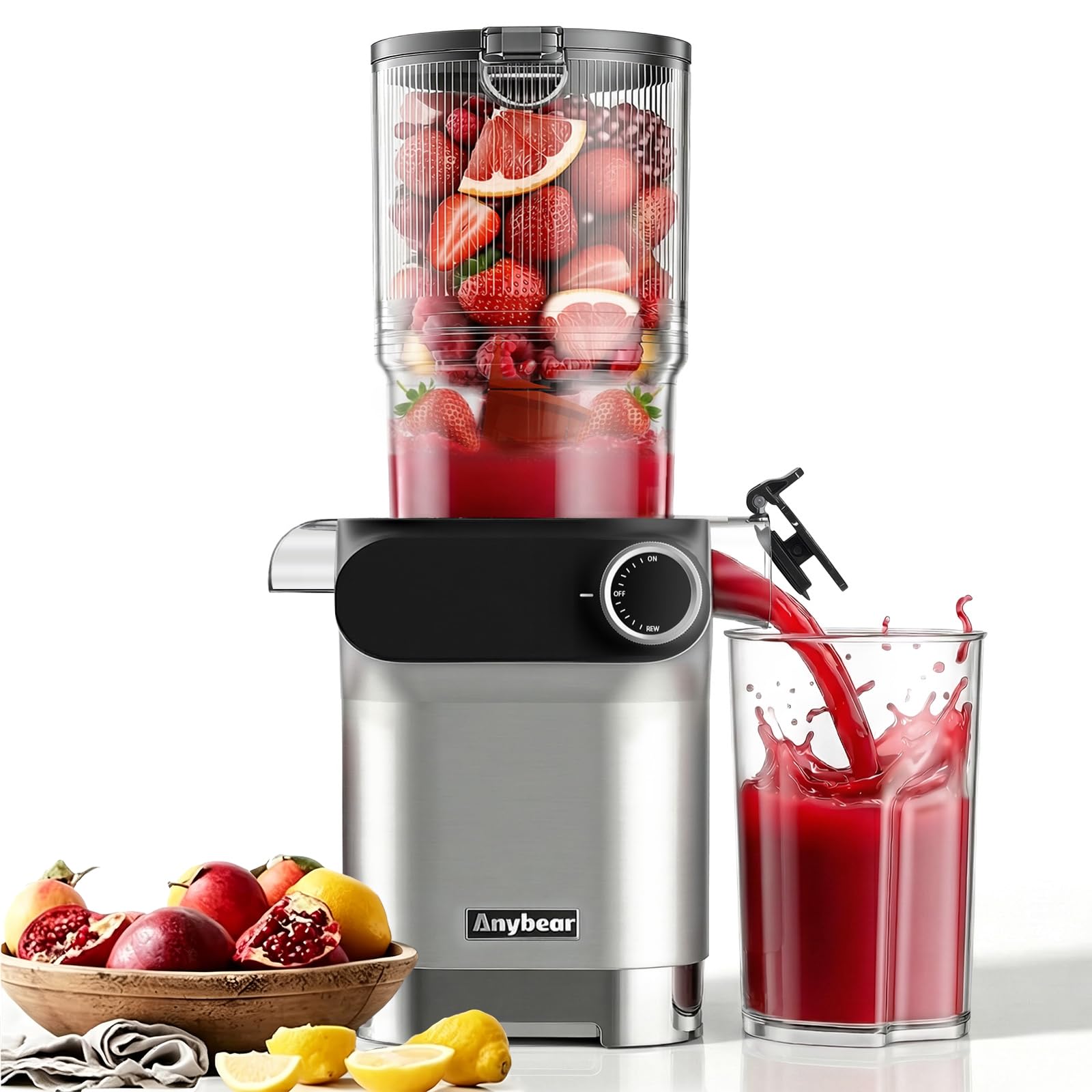 Anybear Entsafter 200W Slow Juicer mit 110 mm großem Einfüllschacht für ganze Früchte/Gemüse | Upgraded Schnecke | Tritan-Material | BPA-frei | Inkl. Saftrezepte (Silber & Orange)