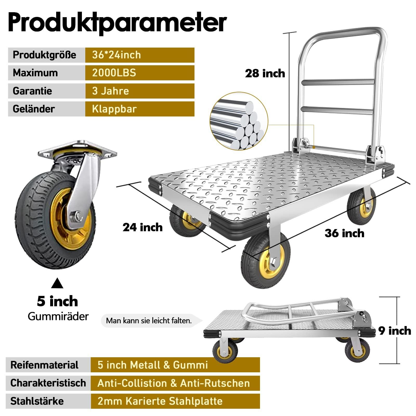 Carrello con Piattaforma Pieghevole Carrello di Spinta capacità 1100 kg Carrello di Trasporto Carrello con Ruote Carrello A Mano Mobile A Base Piatta Mobile Resistente in Acciaio(90X60cm)