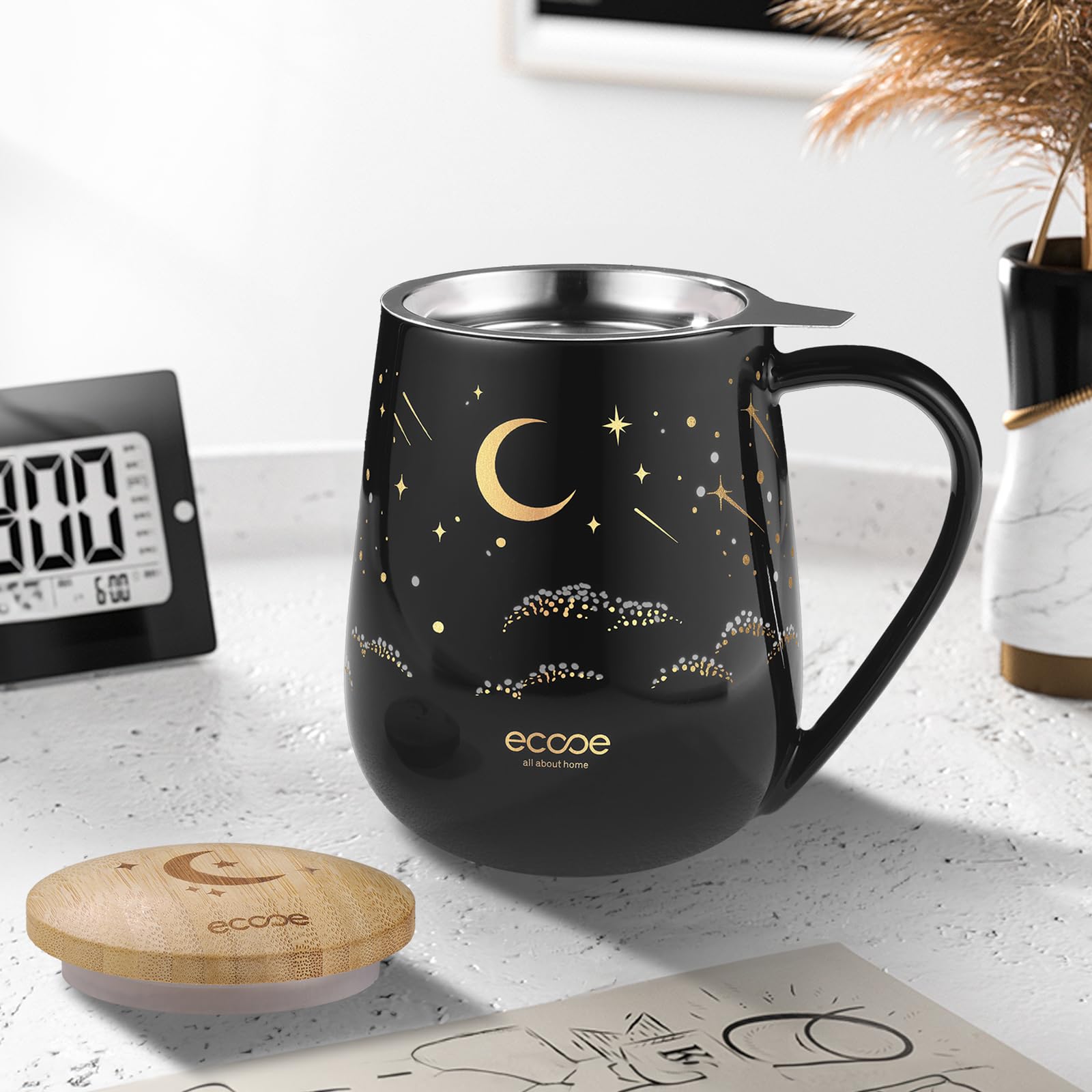 ecooe Teetasse mit Deckel und Sieb - 600 ml Keramik Tee Tasse Große Teetassen mit Edelstahl Teesieb und Deckel, Schwarz Keramik Teebecher Set mit Henkel für Losen Tee