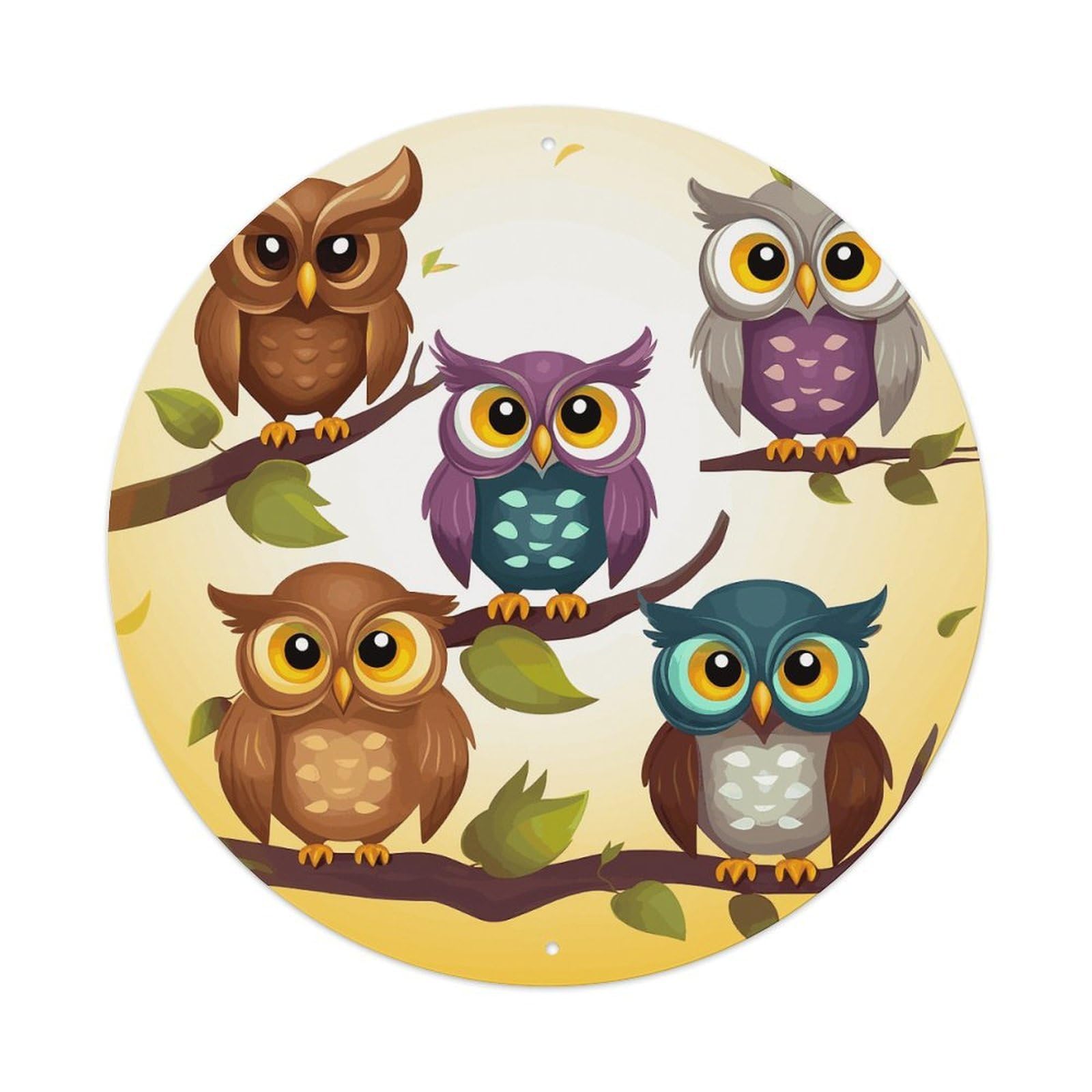 LZQPOEAS Owls Birds Round Aluminum Wall Art Sign, Metal Indoor Wall Decor with Holes, Durable Circular Aluminum Plaque for Home, Bar, Cafe, Living Room, And Office Decoration