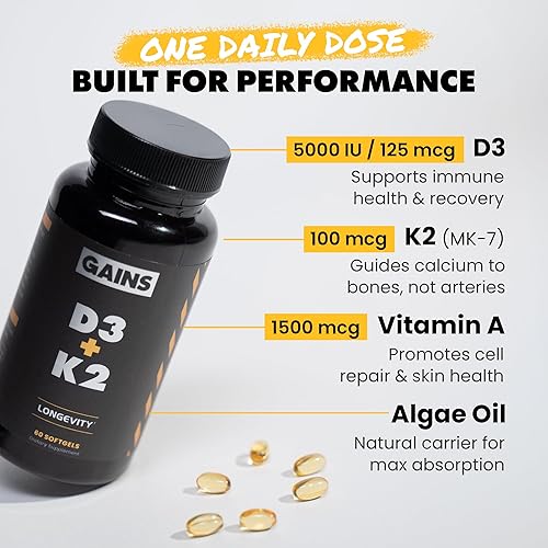 Miniatura 3 de Ganancias en suplemento D3 K2 a granel, vitamina D3 5000 UI, vitamina K2 100 Mcg, vitamina A 5000 UI, aceite de algas con Omega 3, apoyo de