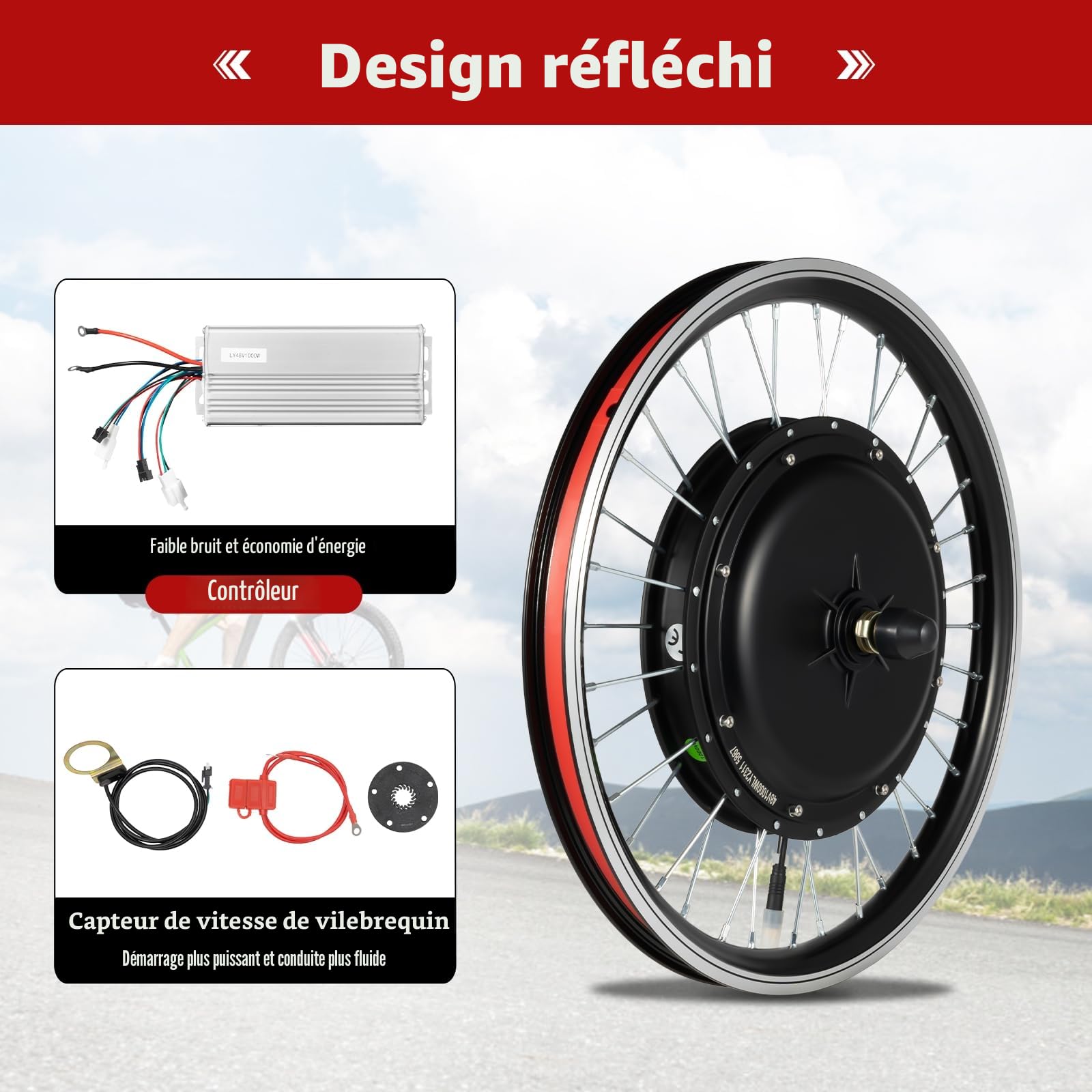 Kit de conversion pour roue avant de vélo électrique 20" 48V 1000 W SanBouSi - Moteur électrique de moyeu de vélo avec affichage LED, frein V/frein à disque, contrôleur sans balais - Kit de conversion