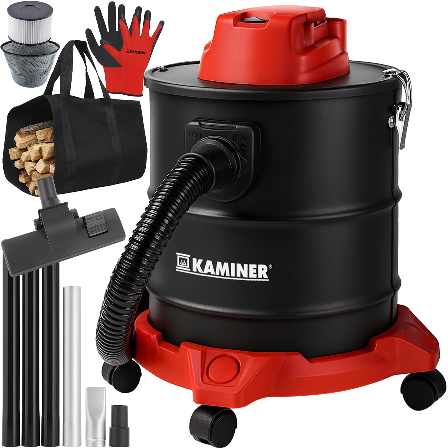 KAMINER Aspirador de cenizas de 20 L, 1600 W, resistente al calor, depósito de metal, HEPA + filtro textil, función de succión y soplado, 3 boquillas, ruedas, sin bolsa, horno, barbacoa y taller