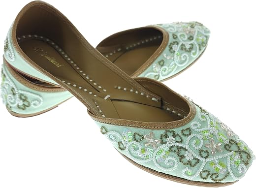 Fulkari Women Eglantine Pista Gold Genuine Soft Leather Embroidered Jutis | Bite and Pinch Free Jutti | Punjabi Formal Jut...