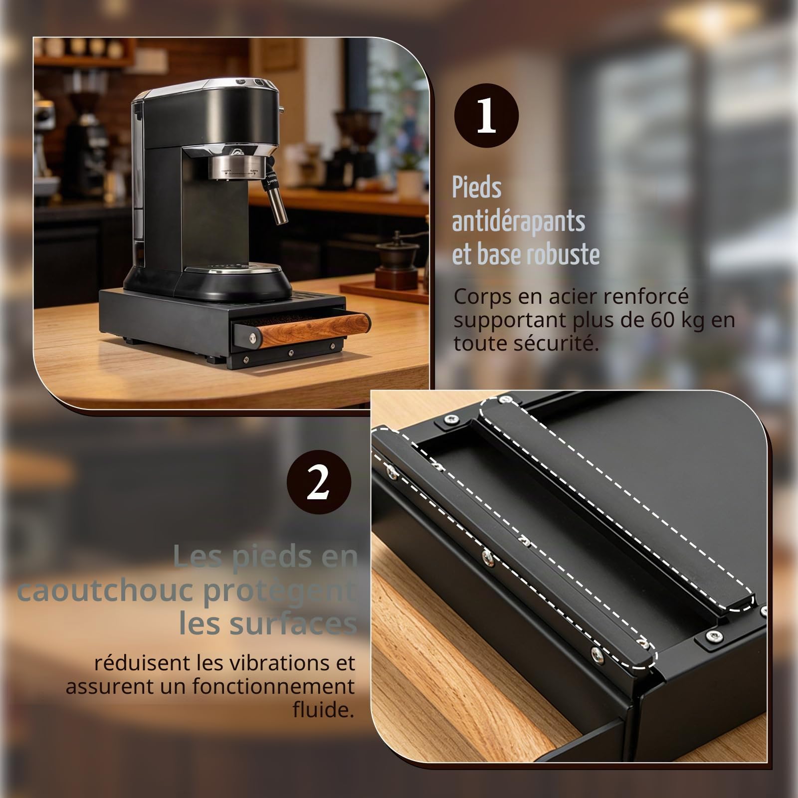 Boîte à Marc de Café Tiroir, Knock Box pour Porte-Filtre, Tiroir à Café en Acier Inoxydable Noir avec Poignée en Bois, Bac à Marc avec Barre d’Impact Caoutchoutée et Ventilation, 31,5 x 21 x 7 cm