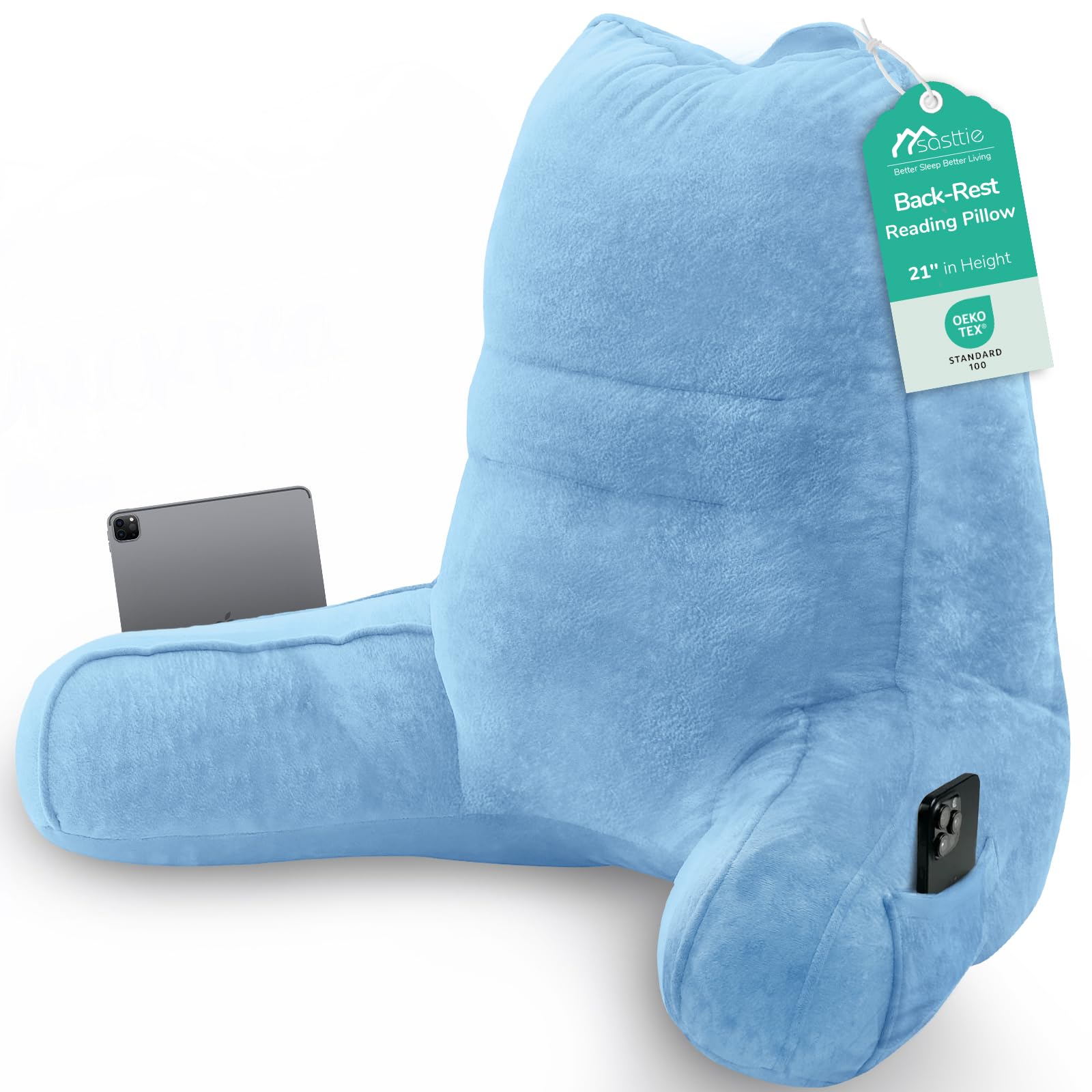 Sasttie Reading Pillow for Bed, Back Pillow for Sitting Up, Blue