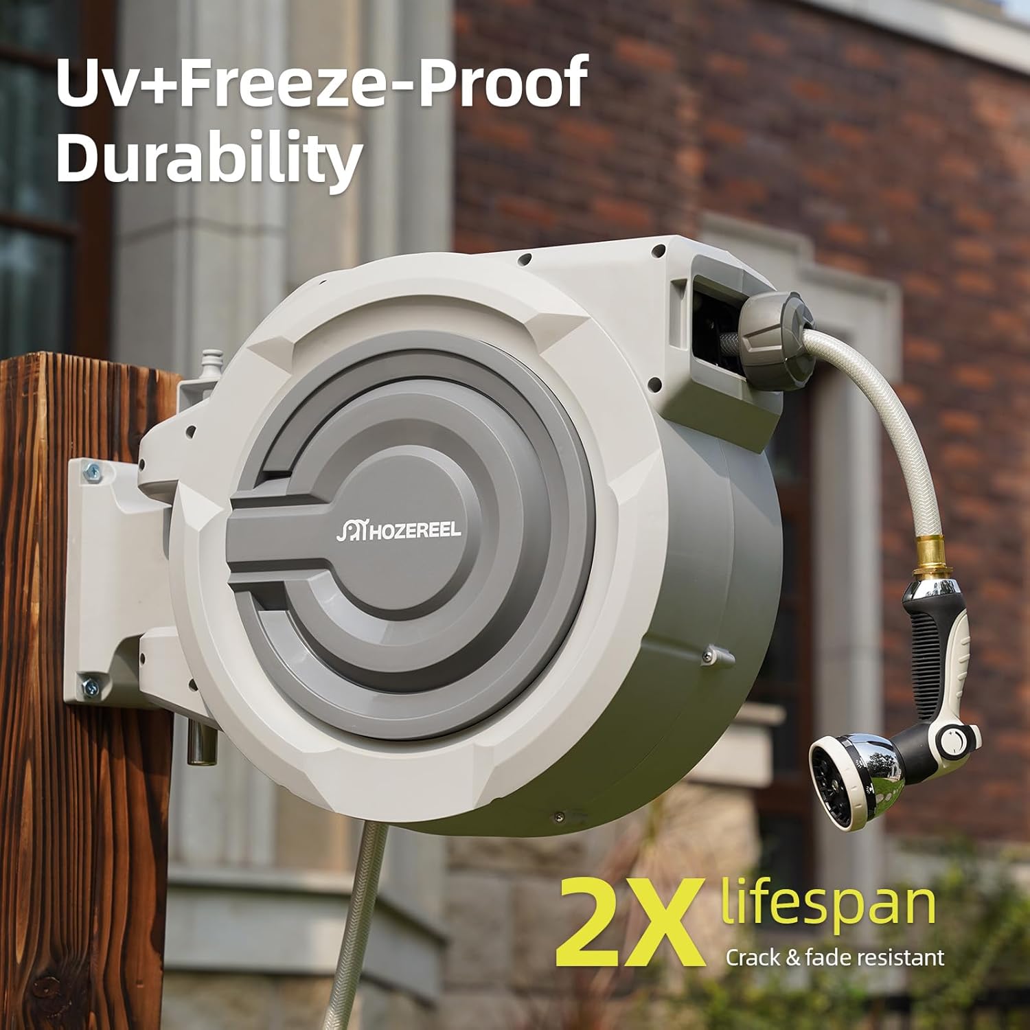 150FT x 1/2"Retractable Garden Hose Reel by HOZEREEL, Outdoor Garden Hose Reels - Self Retract Wall Mount Hose Reel Automatic Storage, Any Length Lock, 10 Pattern Nozzle,Hose Reel Cover