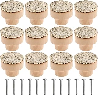 JACGLB 12 Pieces Rattan Drawer Knobs, Boho Round Wooden Drawer Knobs Handmade Wicker Woven Furniture Knobs with Screws for Cabinets Dresser Handles Hardware Pulls, Home Office Decor