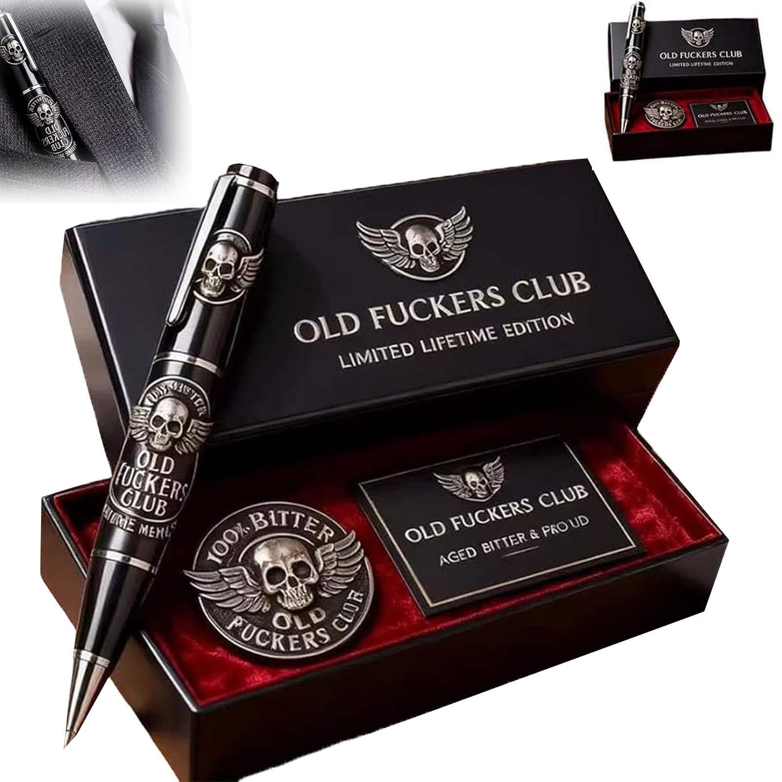 Frenaki Old F*ckers Club Limited Edition Pen, Funny Premium Black Metal Pen with Old Fuckers Club Card and Badge, Bold & Unapologetic Premium Metal Pens, for the Fearless and Seasoned (1pc)