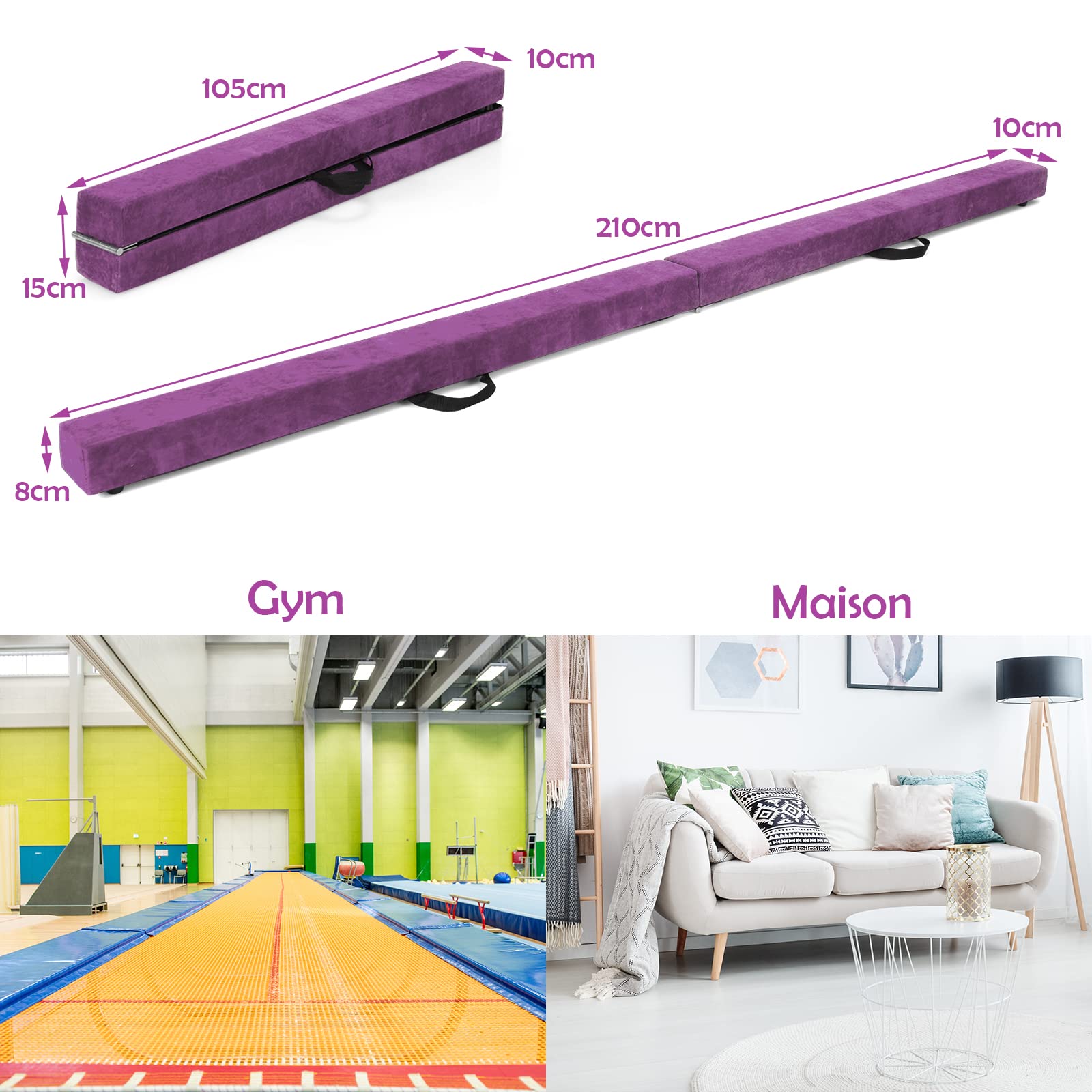 COSTWAY Poutre de Gymnastique Pliable, Barre de Gymnastique au Sol Portable en Mousse avec Housse en Daim Amovible et Fond Antidérapant Poignées, pour Enfants, Gymnastes