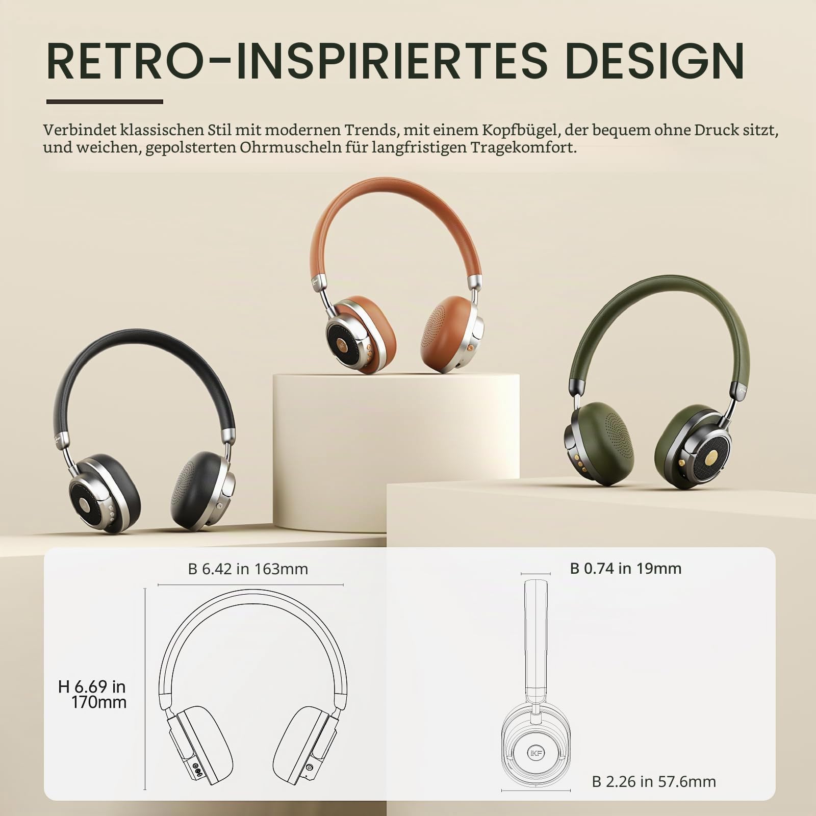 iKF Rona Retro Kopfhörer Bluetooth Mit Adaptive Noise Cancelling, Vintage Kopfhörer Kabellos, Hi-Res Audio, bis zu 75 Stunden Spielzeit, HD-Mikrofon, Transparenz Modus,Custom EQ über App(Braun)