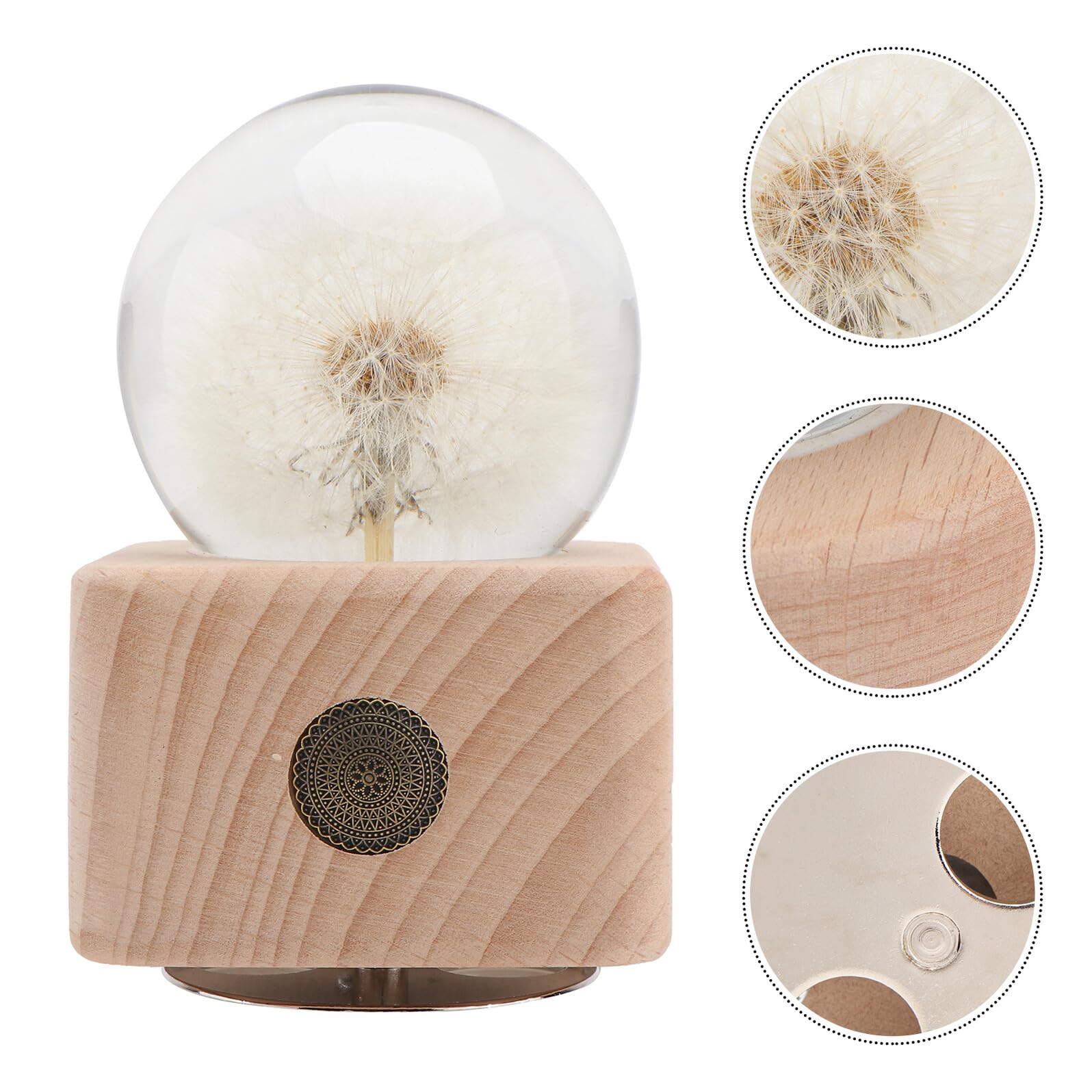 ARTIBETTER Carillon a Forma di Dente di Leone Sfera di Cristallo Decorativa e Base in Legno Ornamento Floreale Stabilizzato per Arredamento Casa e Regalo Decorazione per Soggiorno e Camera