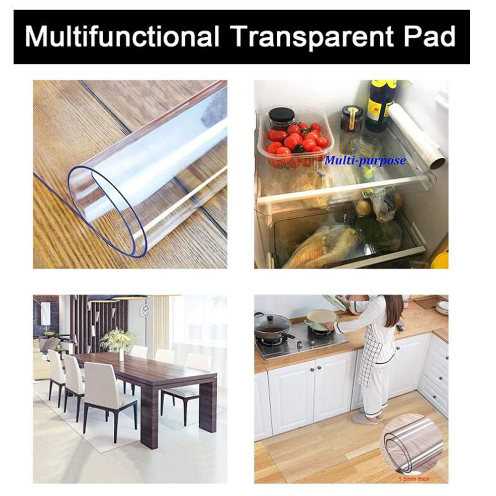 Lot de 2 tapis de chaise en PVC transparent antidérapant anti-rayures pour la maison, le bureau et la cuisine Épaisseur 1,5/2 mm Largeurs 0,8 m 1,6 m