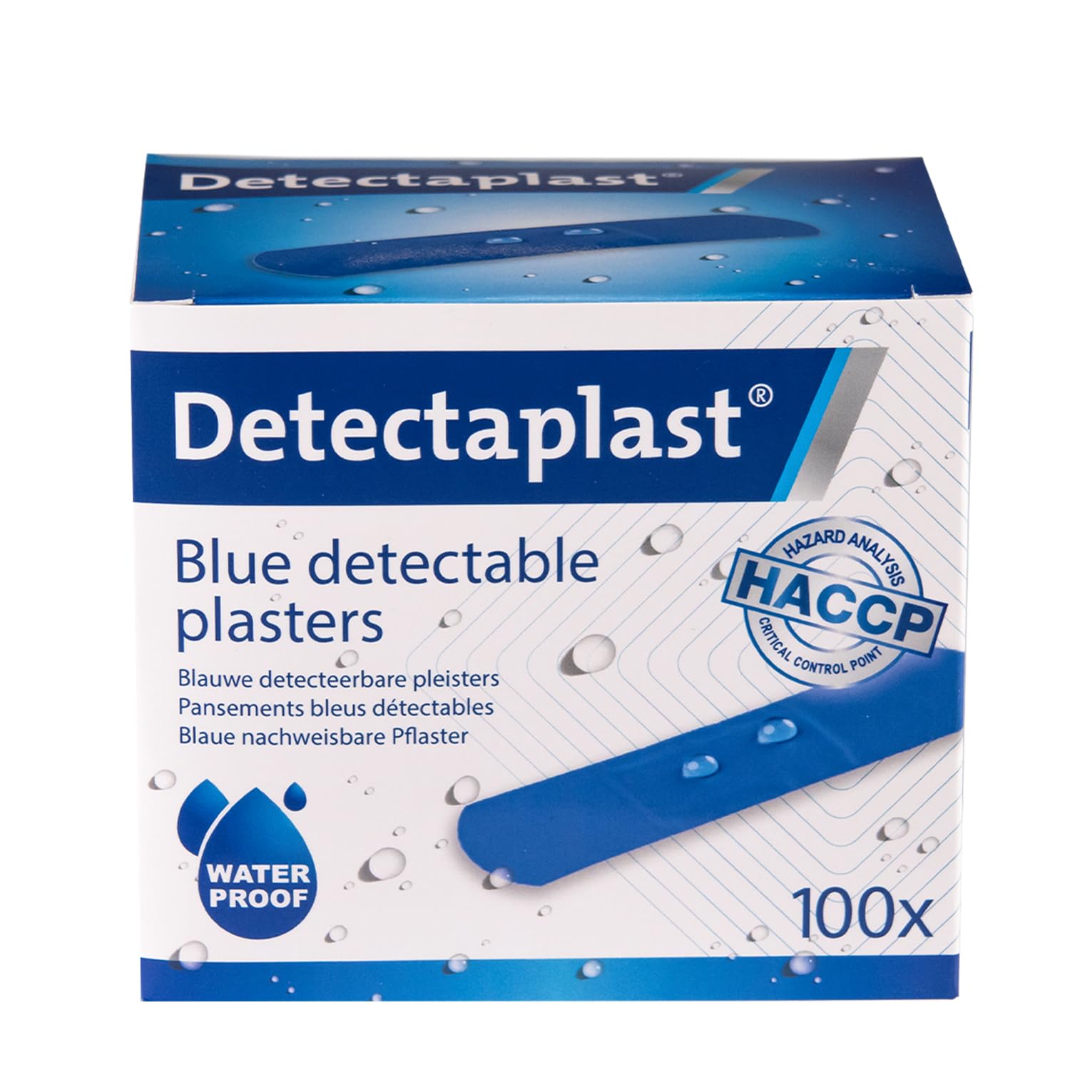 Detectaplast Waterproof Universal Blue Bandaids for Food Handling and First Aid Kits in Gastronomy, 0.75 x 2.83 Inches, 100 Pcs